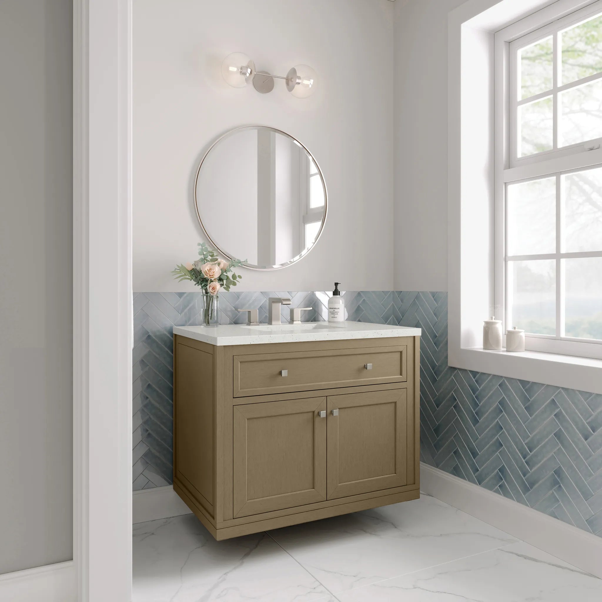 36" Chicago Single Vanity in Walnut Whisper-Lime Delight Silestone-8" Widespread image 5