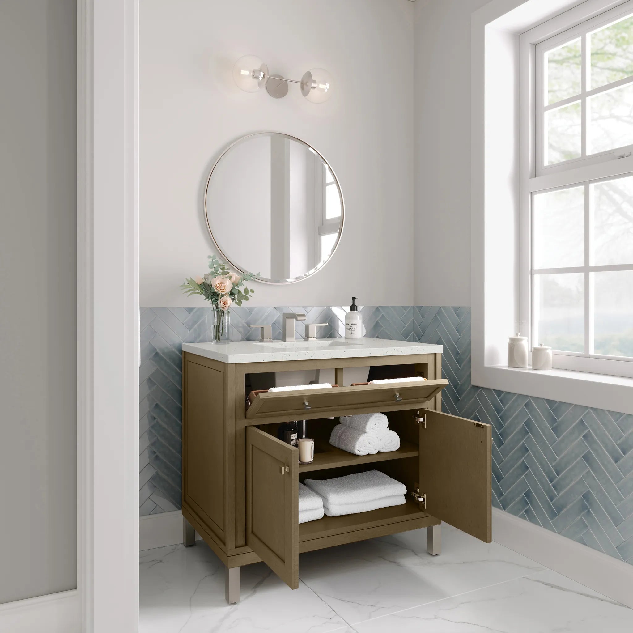 36" Chicago Single Vanity in Walnut Whisper-Lime Delight Silestone-8" Widespread image 6