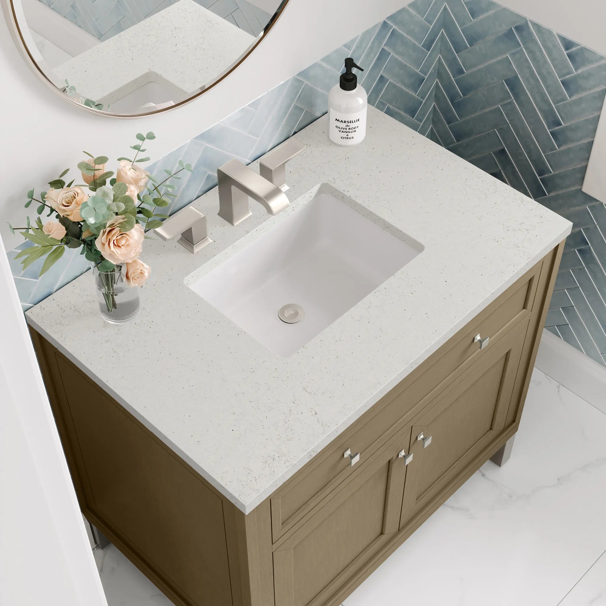 36" Chicago Single Vanity in Walnut Whisper-Lime Delight Silestone-8" Widespread image 8