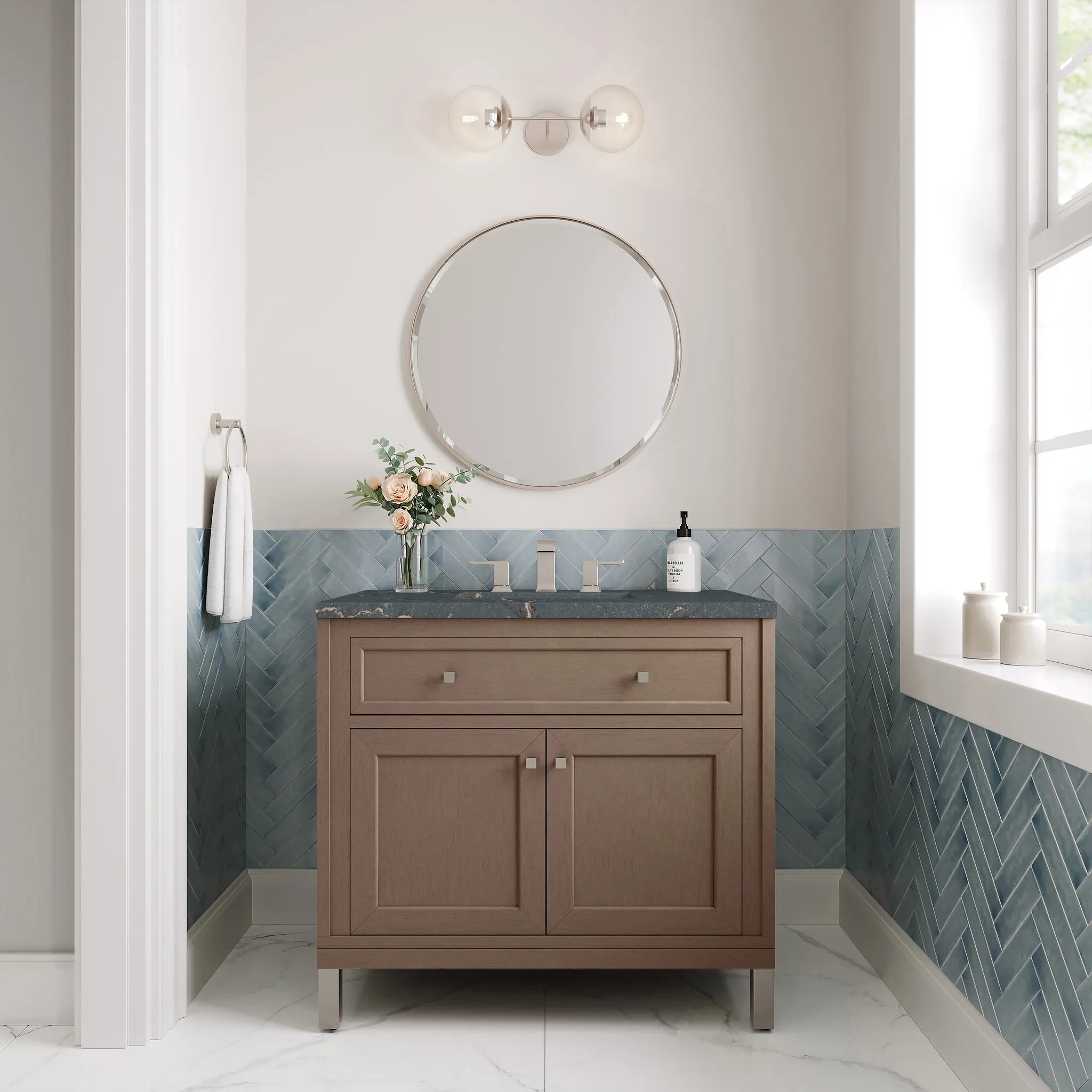 36" Chicago Single Vanity in Walnut Whisper-Parisien Bleu Silestone-8" Widespread image 3