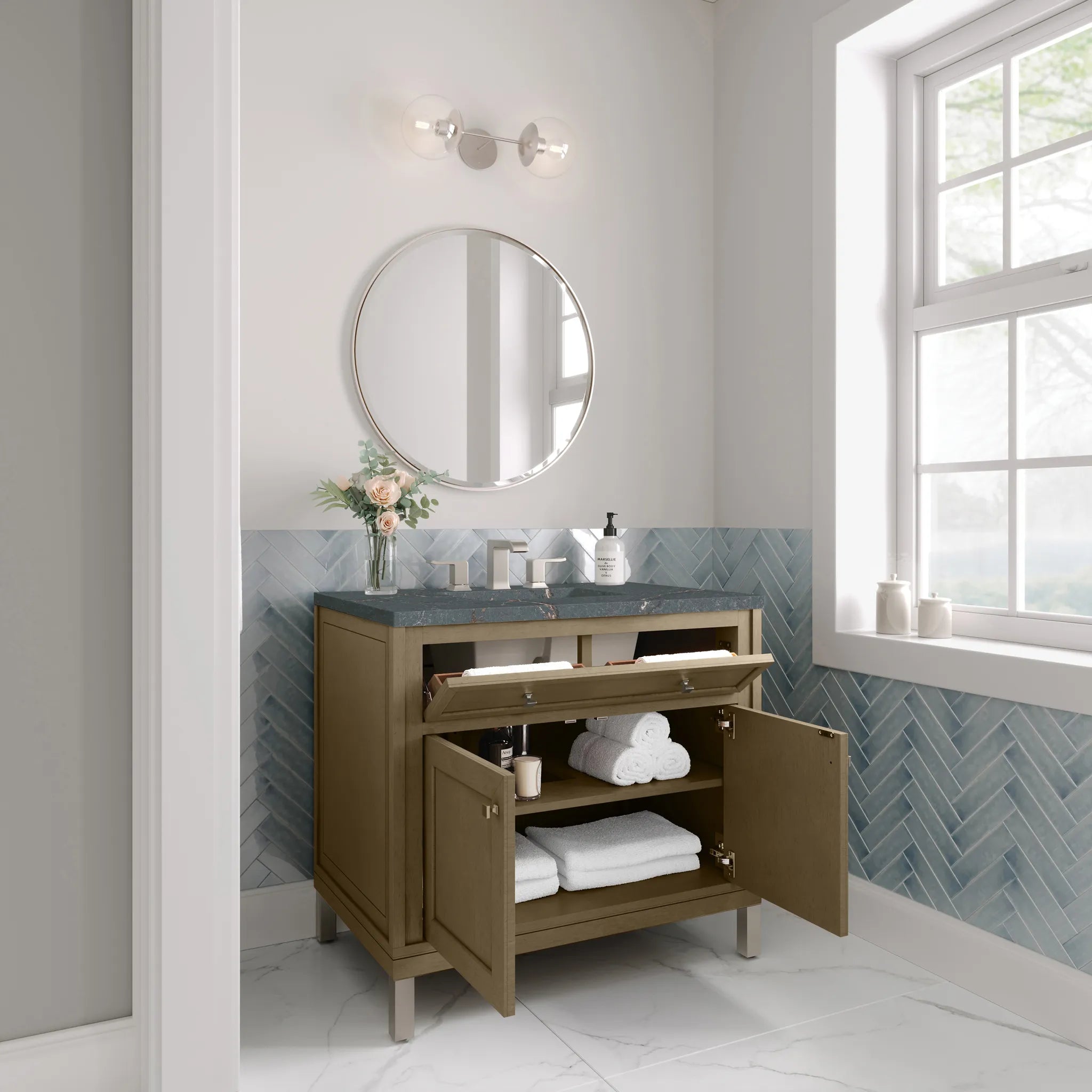 36" Chicago Single Vanity in Walnut Whisper-Parisien Bleu Silestone-8" Widespread image 6