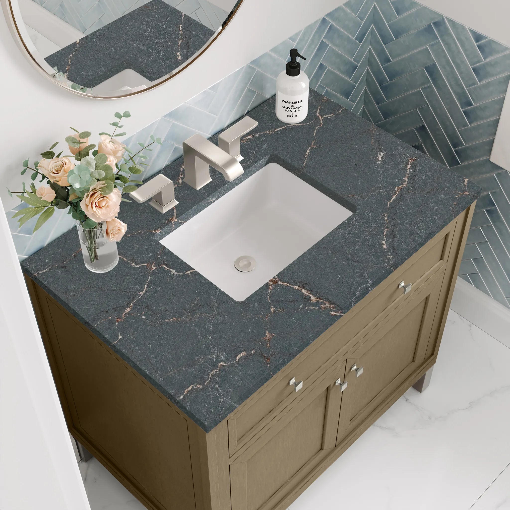 36" Chicago Single Vanity in Walnut Whisper-Parisien Bleu Silestone-8" Widespread image 8