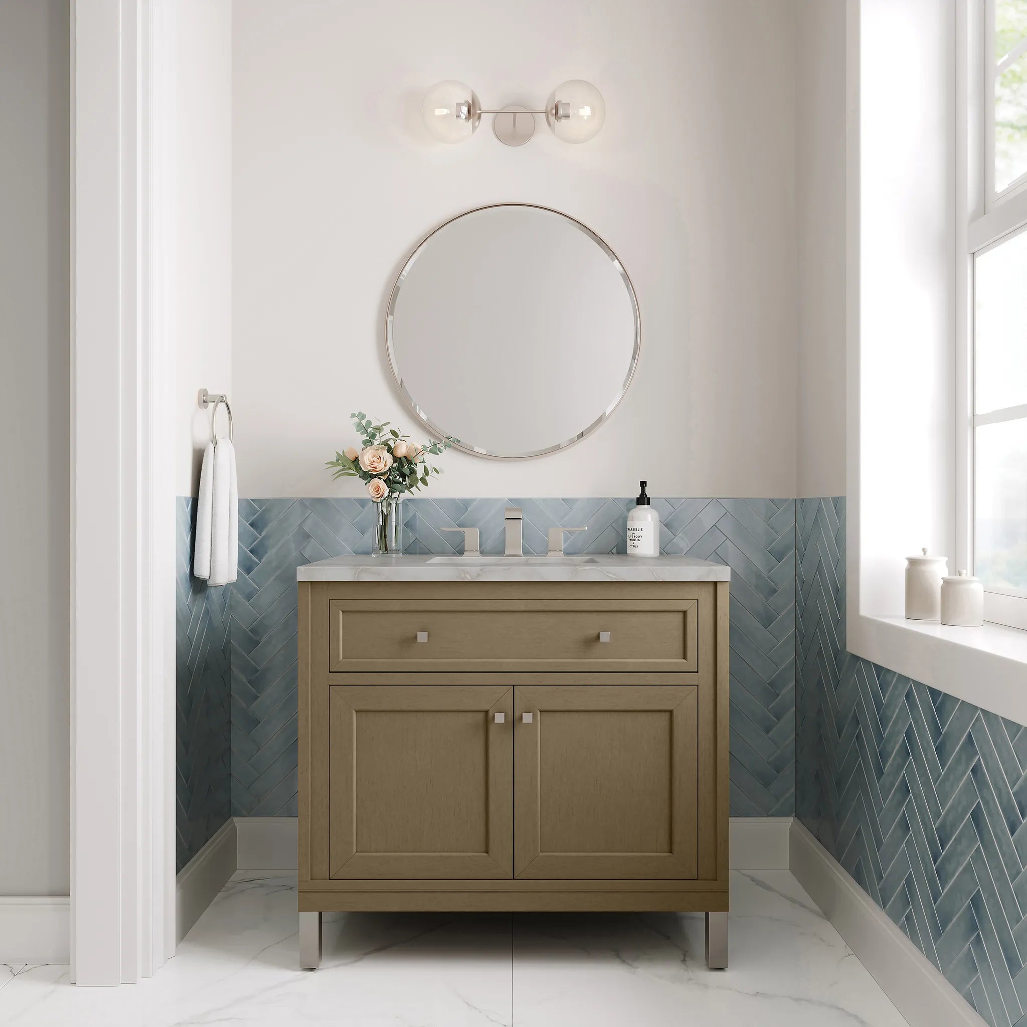 36" Chicago Single Vanity in Walnut Whisper-Victorian Silver Silestone-8" Widespread image 3