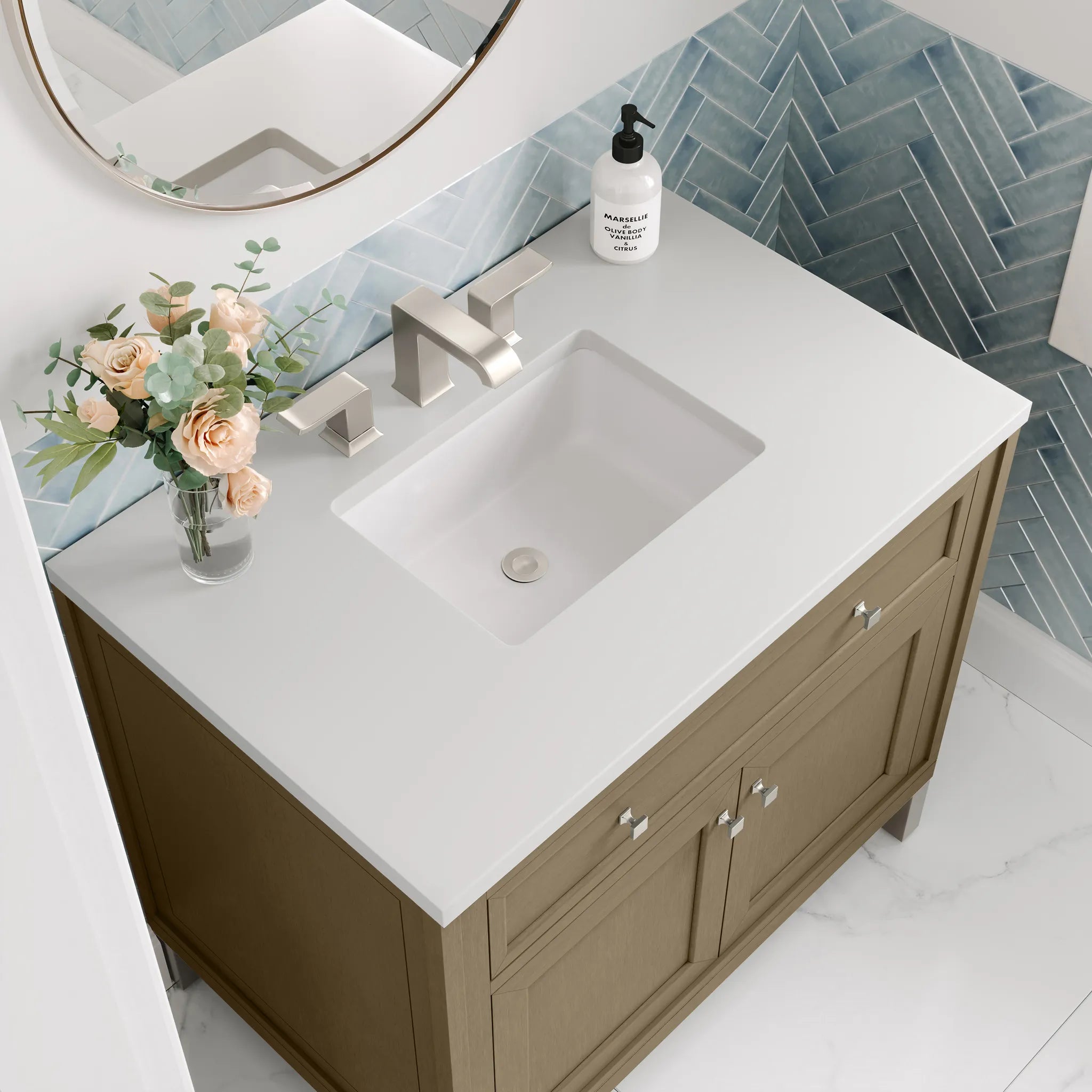 36" Chicago Single Vanity in Walnut Whisper-White Zeus Silestone-8" Widespread image 11