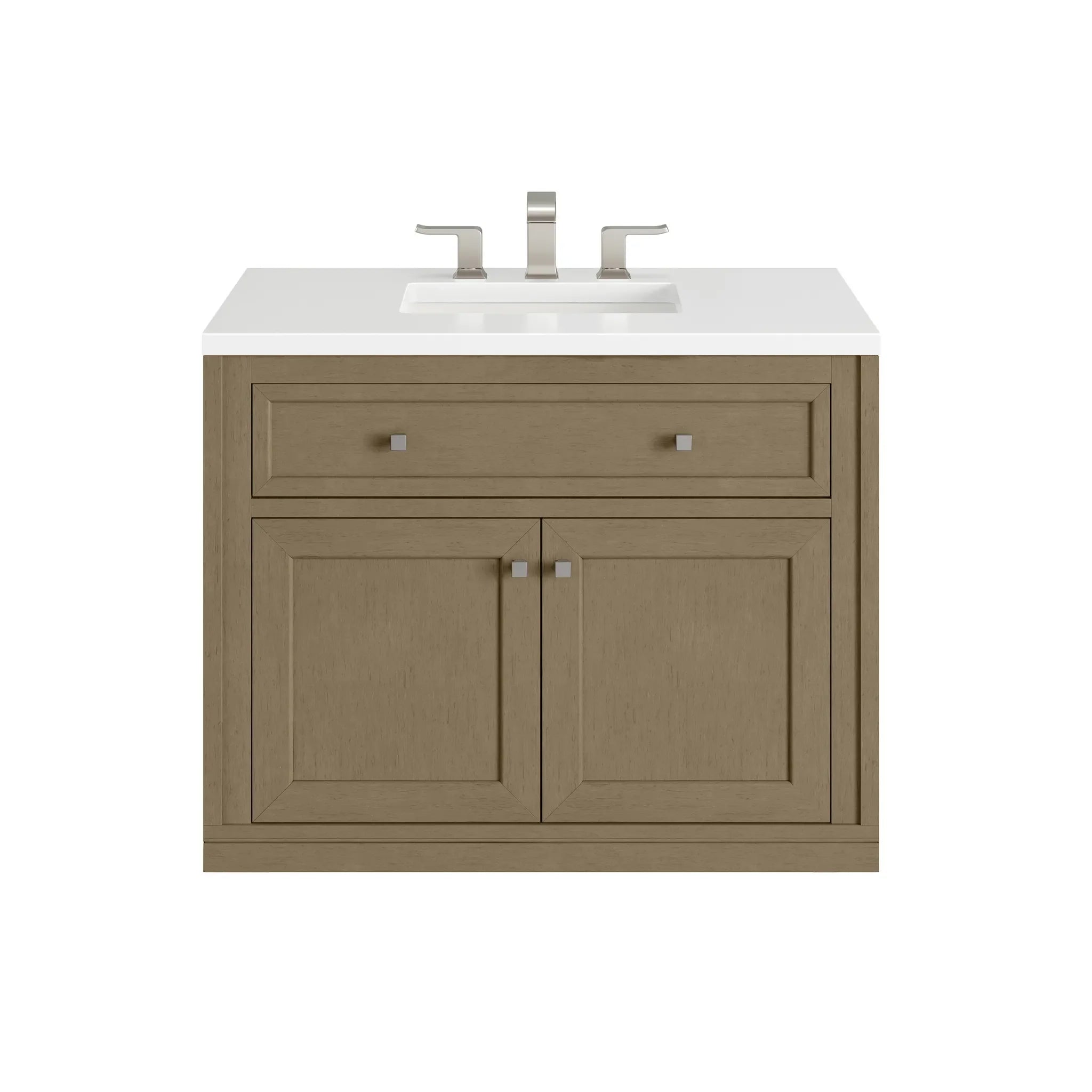 36" Chicago Single Vanity in Walnut Whisper-White Zeus Silestone-8" Widespread image 2