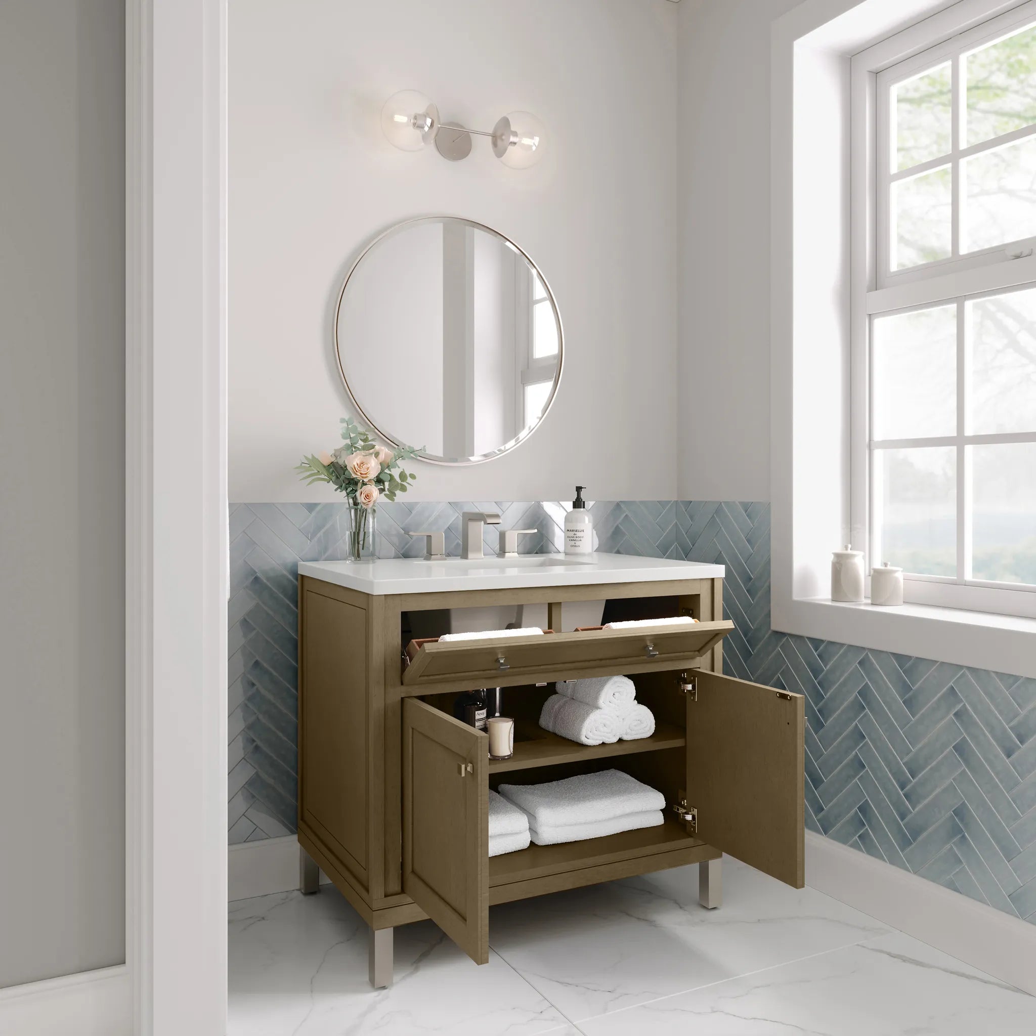 36" Chicago Single Vanity in Walnut Whisper-White Zeus Silestone-8" Widespread image 8