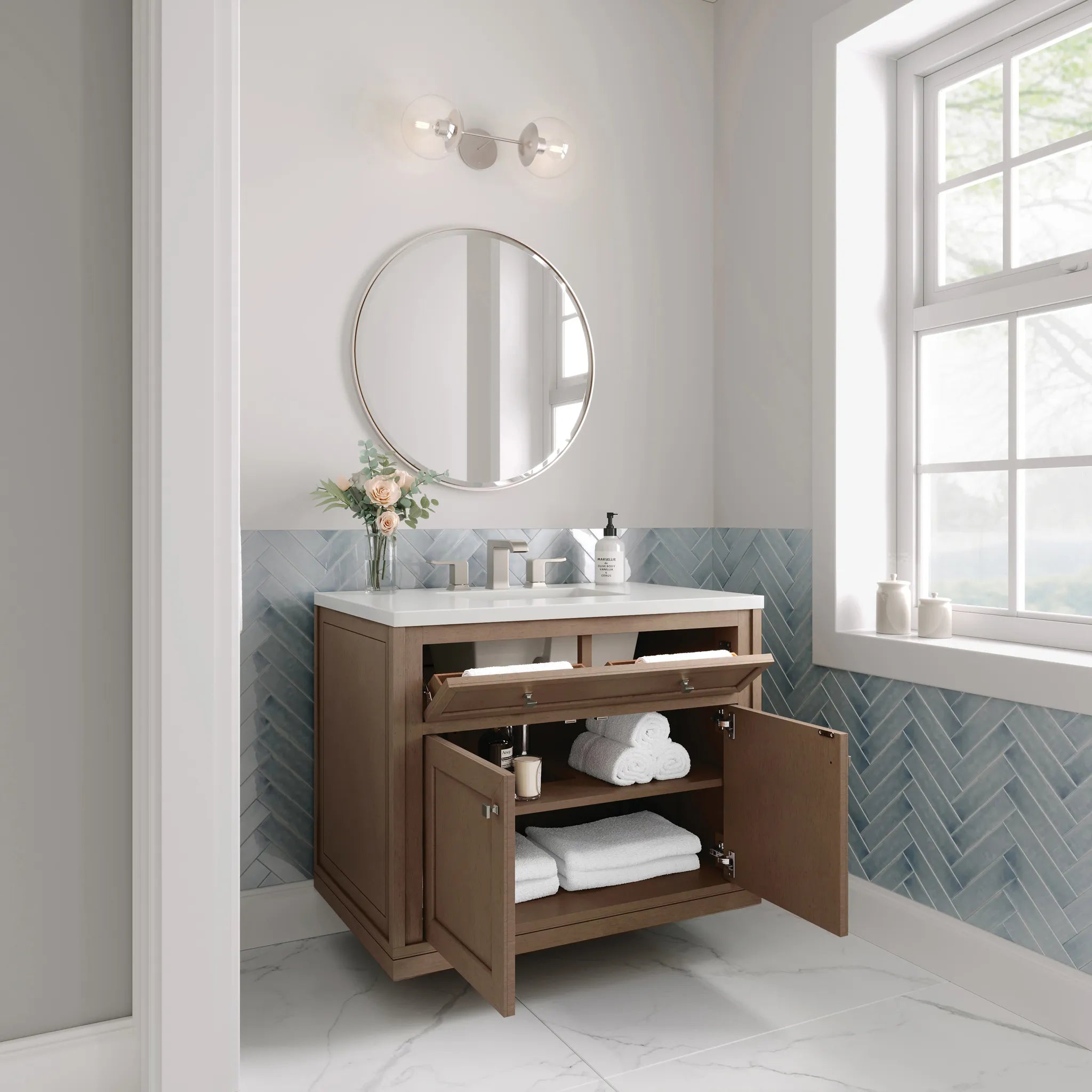 36" Chicago Single Vanity in Walnut Whisper-White Zeus Silestone-8" Widespread image 9