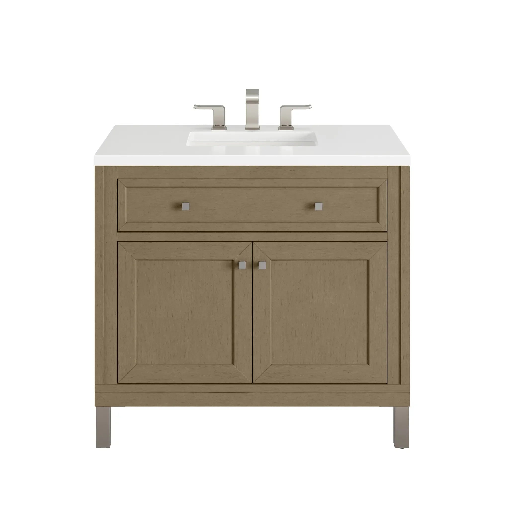 36" Chicago Single Vanity in Walnut Whisper-White Zeus Silestone-8" Widespread image