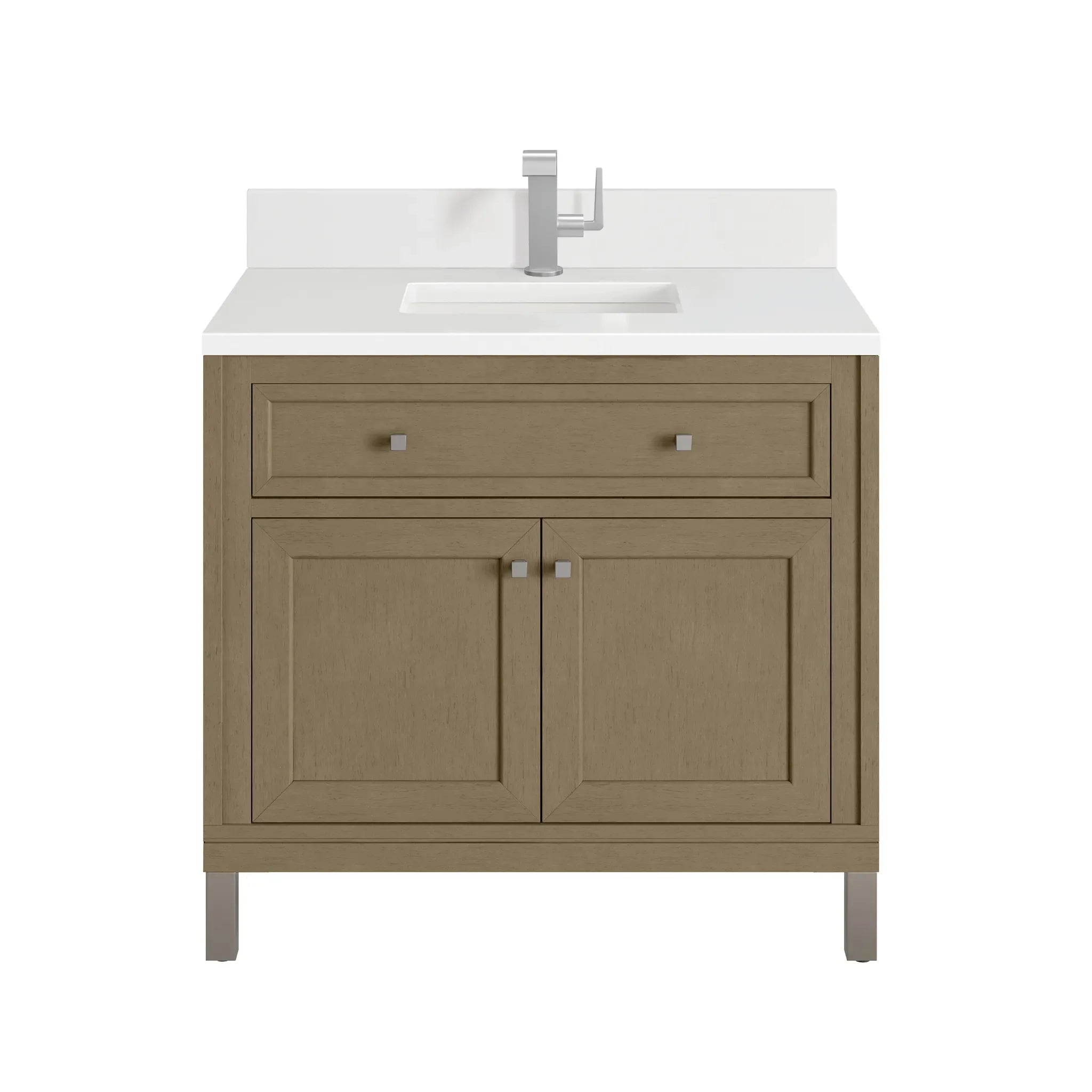 36" Chicago Single Vanity in Walnut Whisper-White Zeus Silestone & Backsplash-Single Hole image