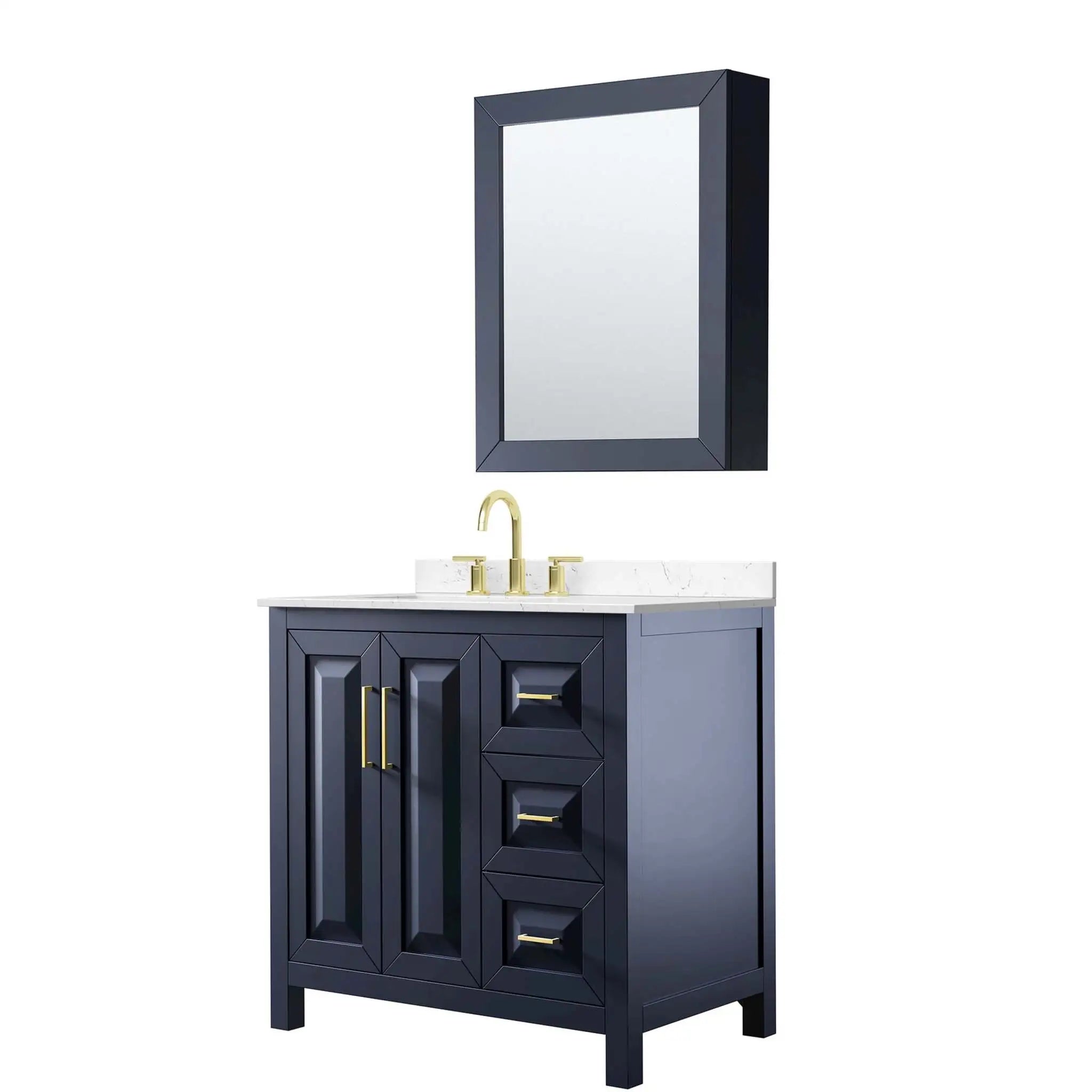 36" Daria Single Bathroom Vanity in Dark Blue with Brushed Gold Trim & Medicine Cabinet by Wyndham