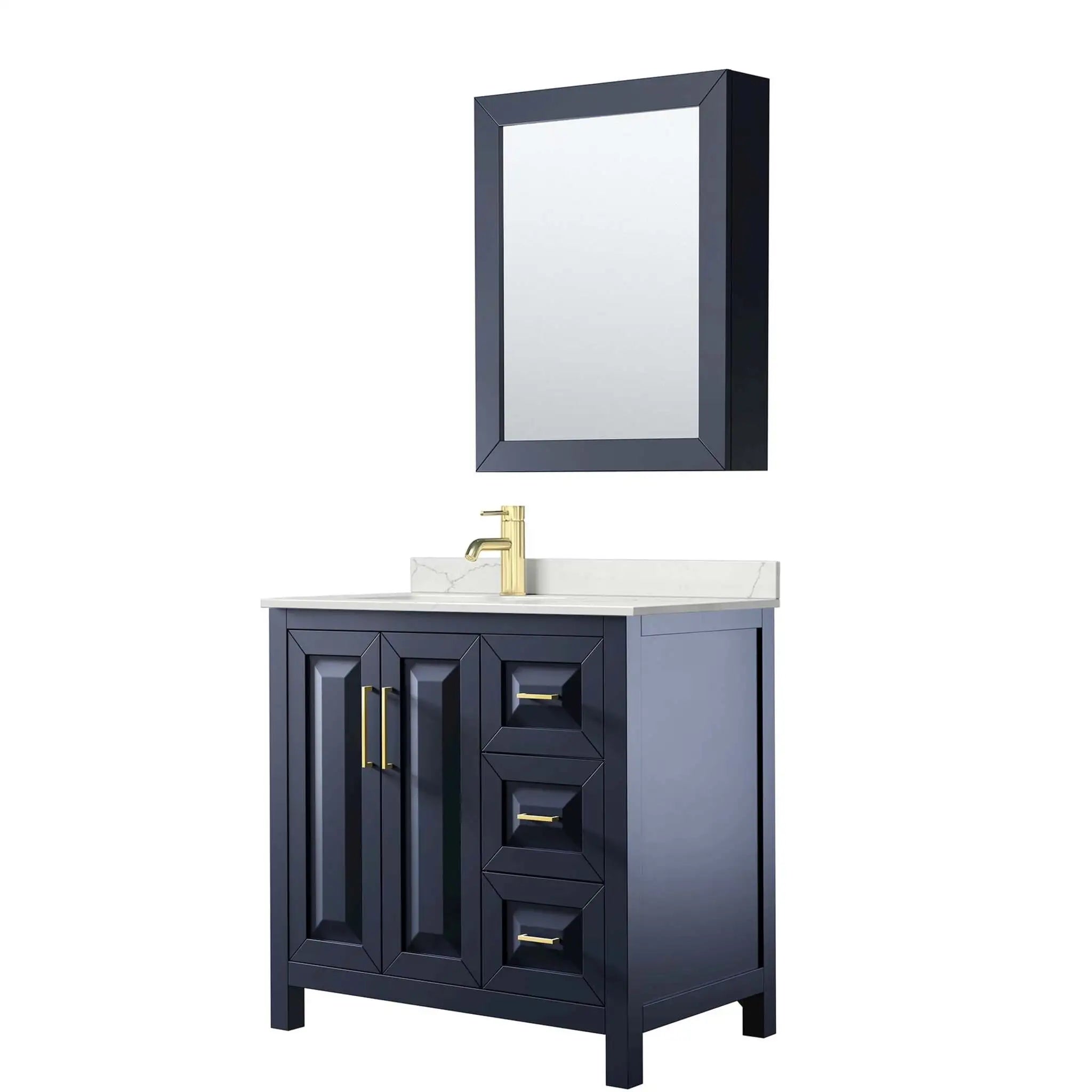 36" Daria Single Bathroom Vanity in Dark Blue with Brushed Gold Trim & Medicine Cabinet by Wyndham