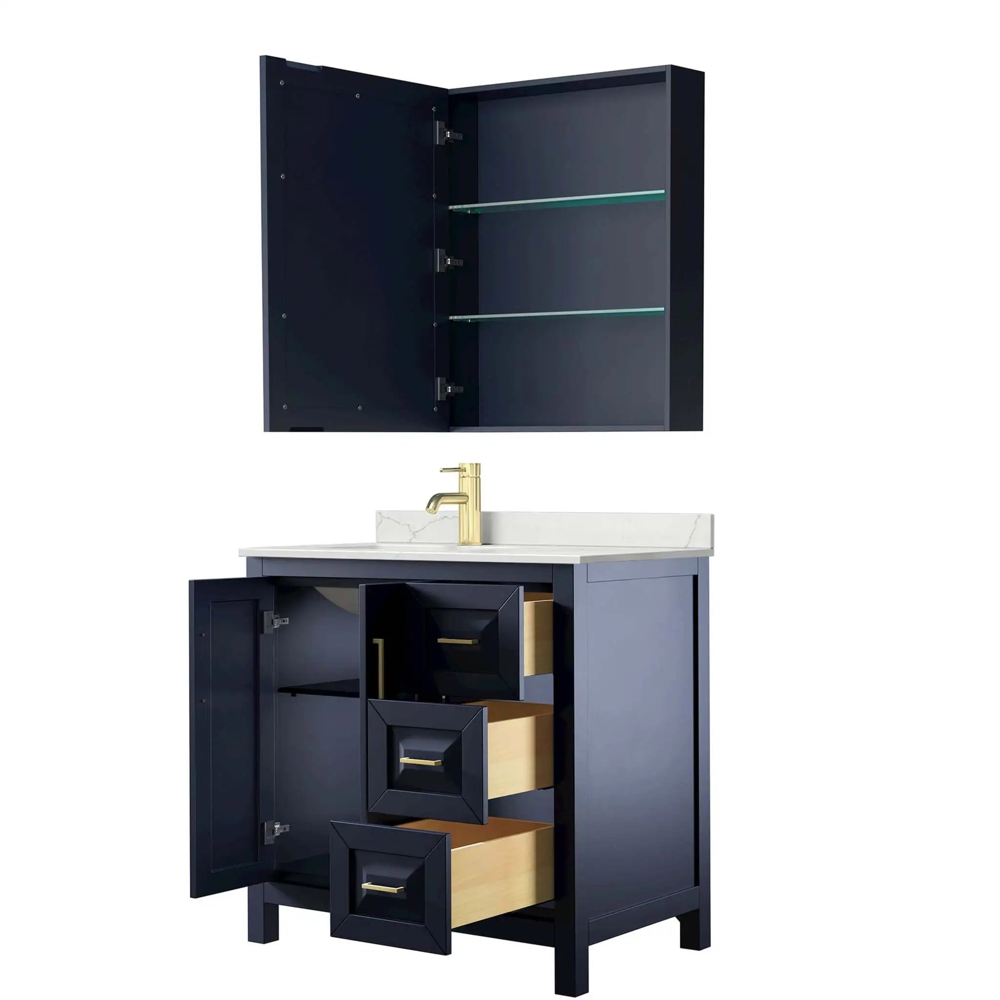 36" Daria Single Bathroom Vanity in Dark Blue with Brushed Gold Trim & Medicine Cabinet by Wyndham