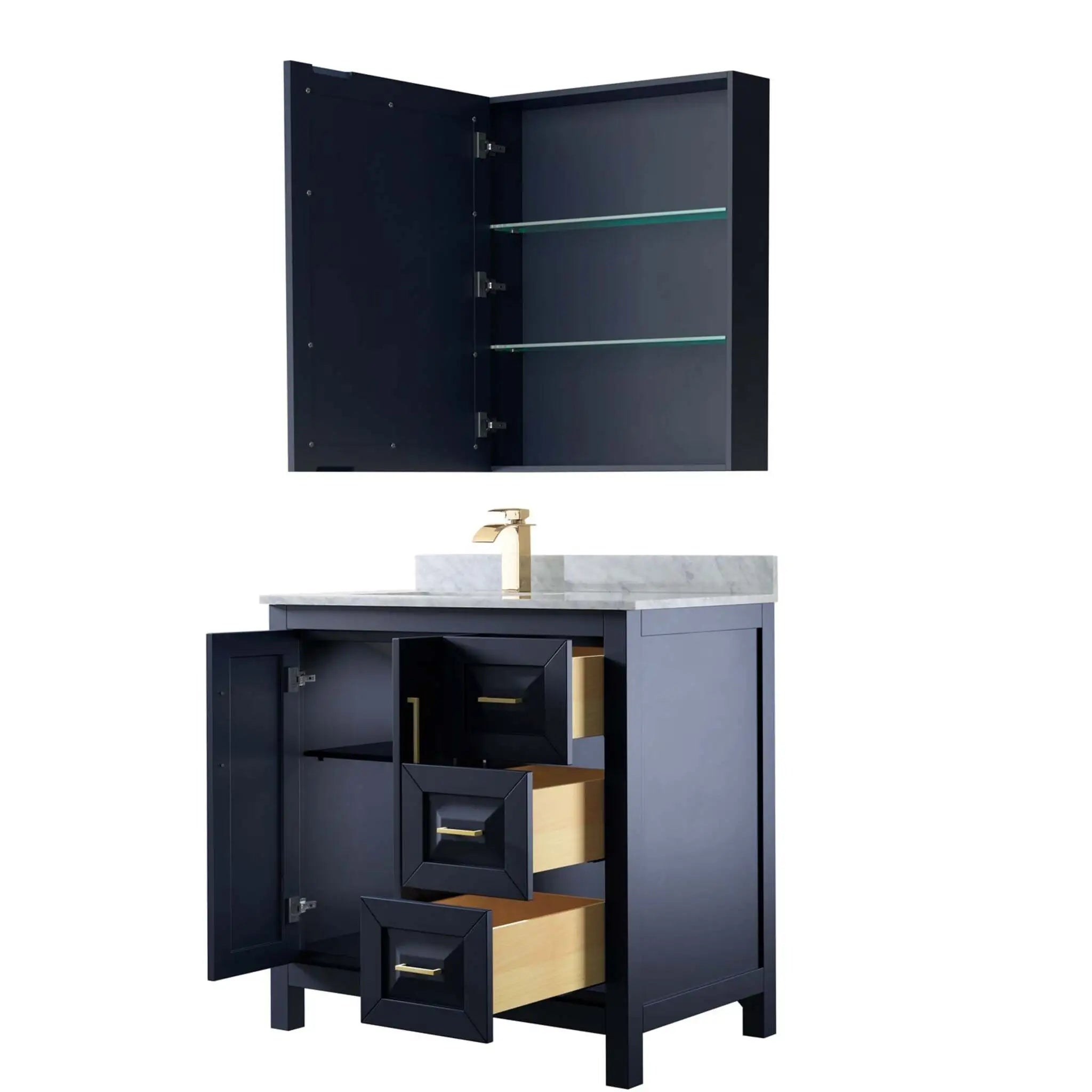 36" Daria Single Bathroom Vanity in Dark Blue with Brushed Gold Trim & Medicine Cabinet by Wyndham