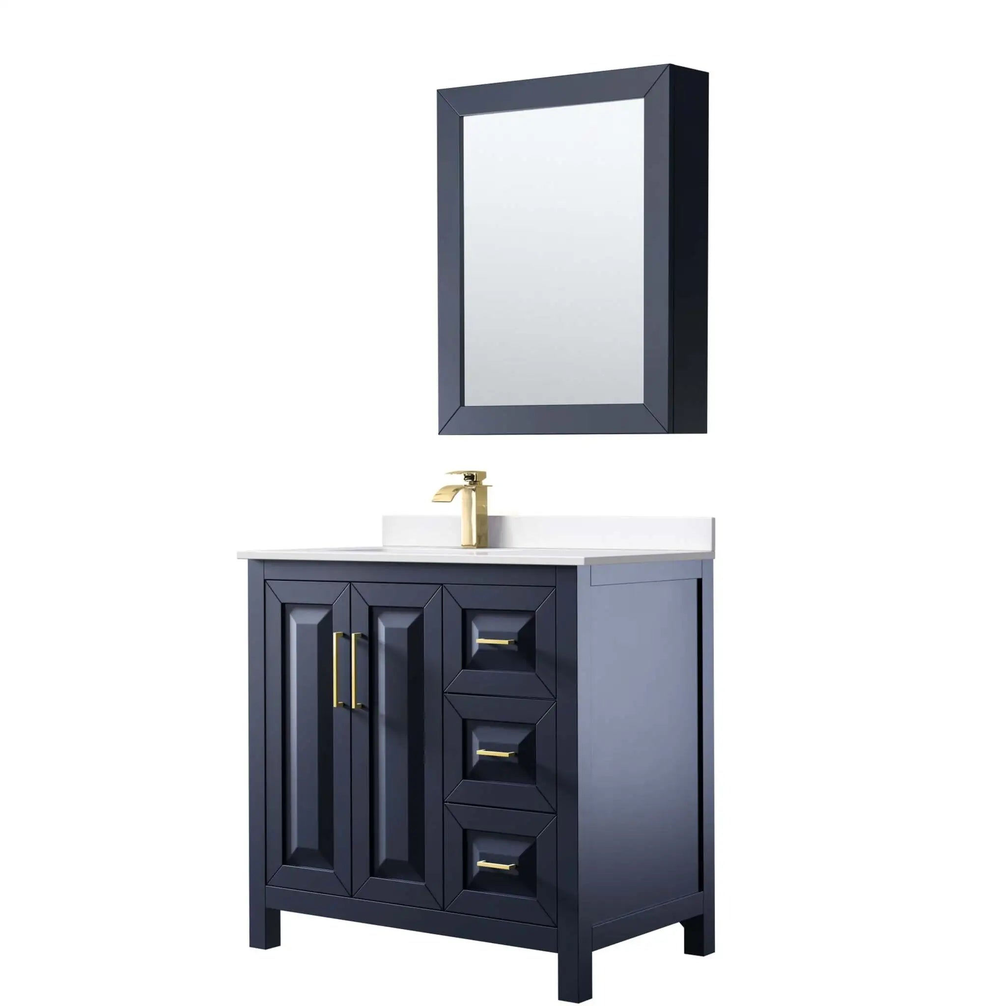 36" Daria Single Bathroom Vanity in Dark Blue with Brushed Gold Trim & Medicine Cabinet by Wyndham