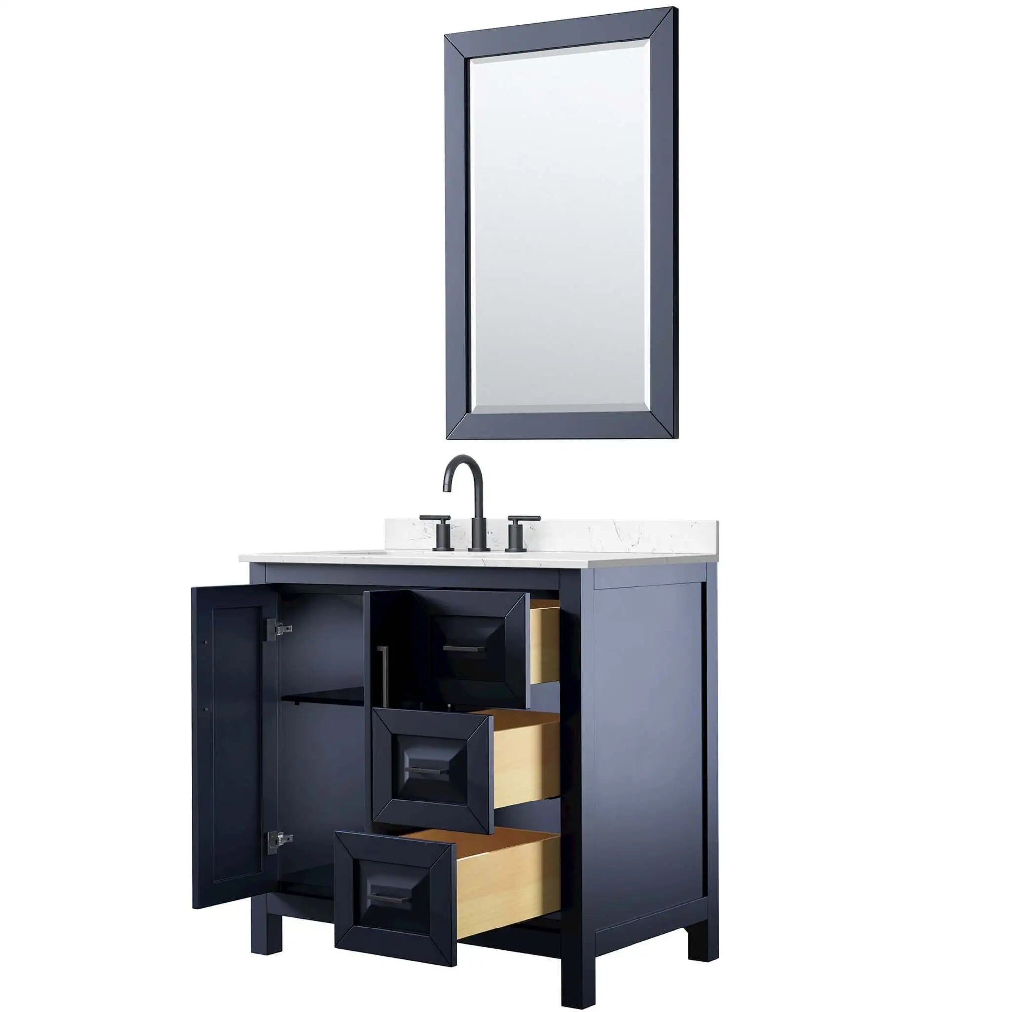 36" Daria Single Bathroom Vanity in Dark Blue with Matte Black Trim & 24" Mirror by Wyndham