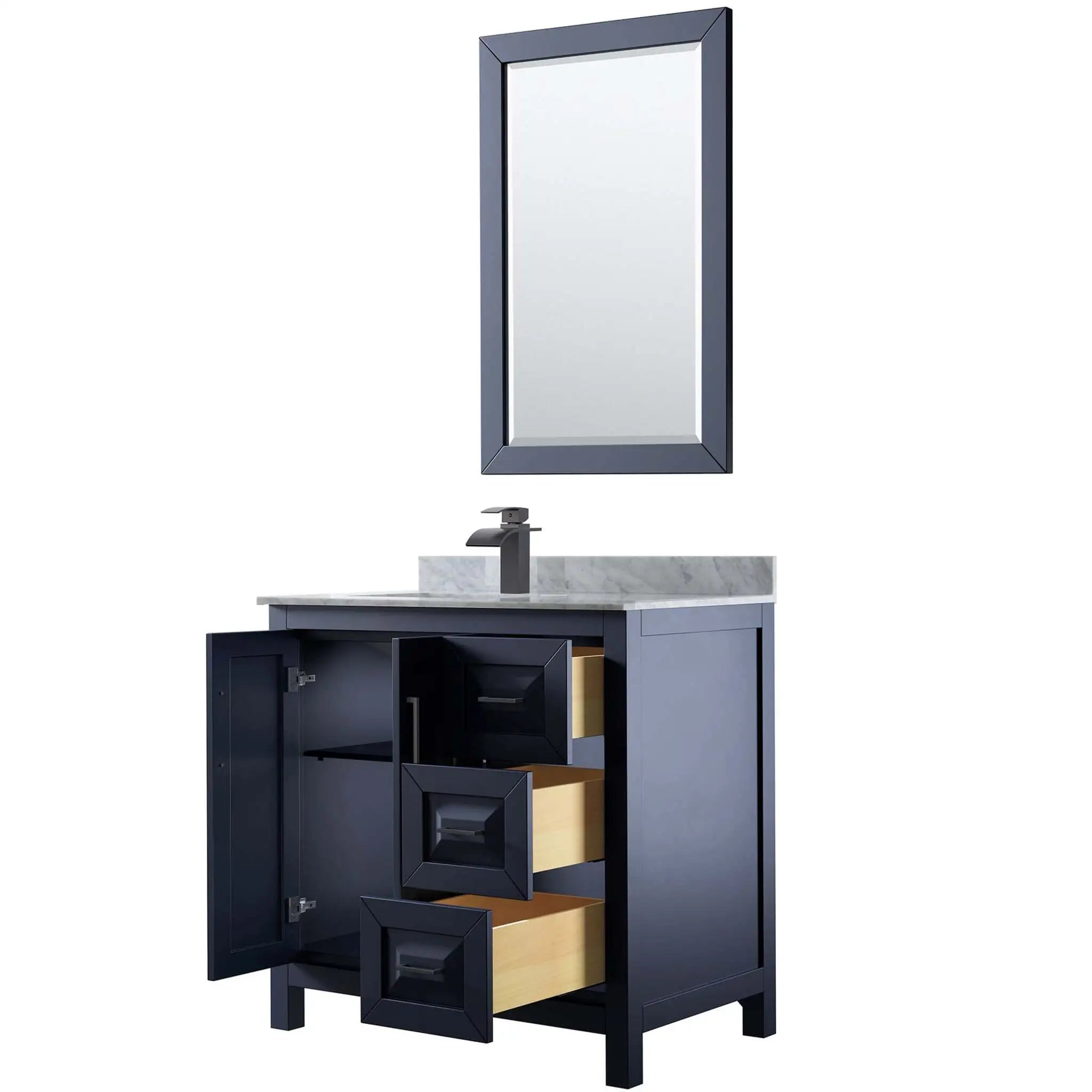 36" Daria Single Bathroom Vanity in Dark Blue with Matte Black Trim & 24" Mirror by Wyndham