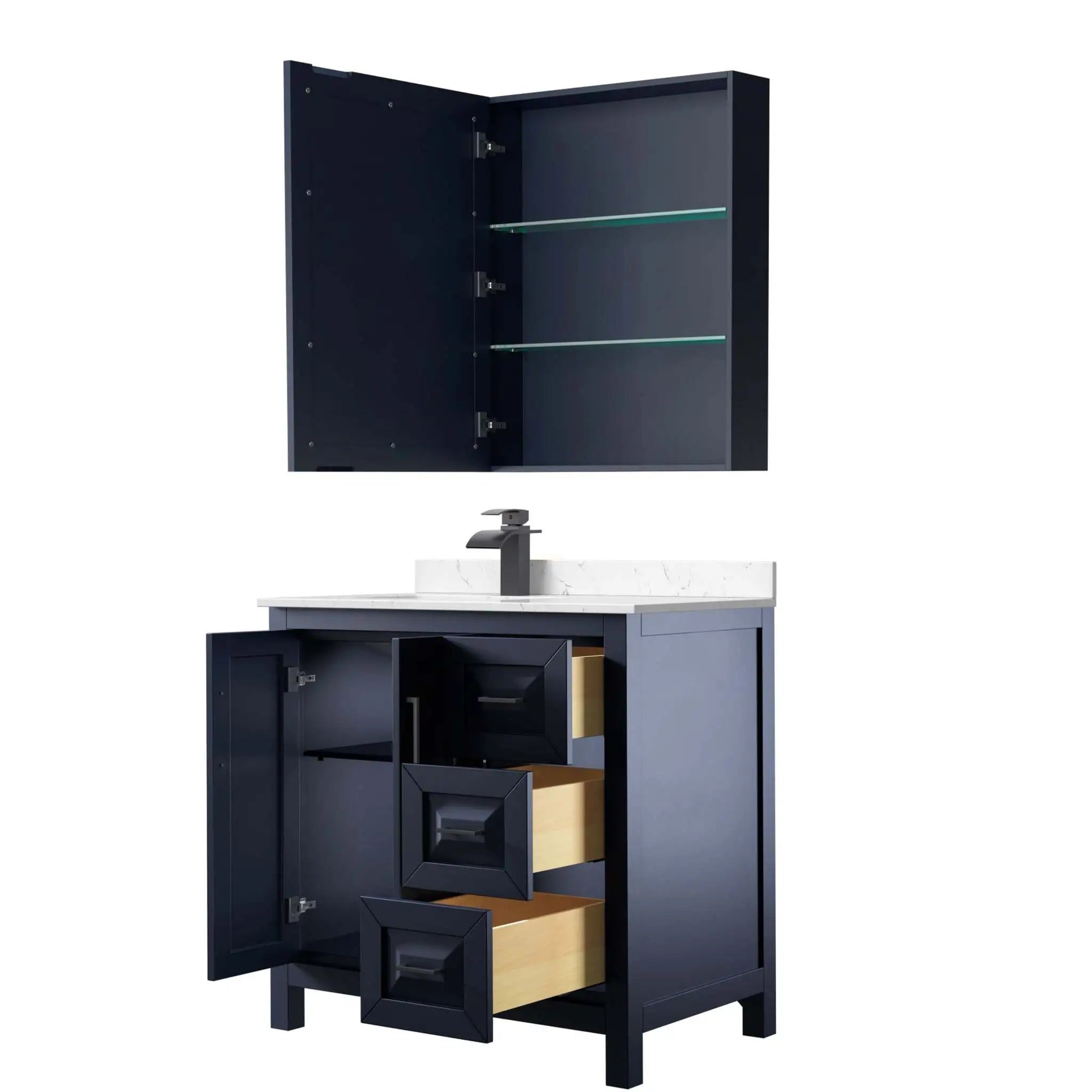36" Daria Single Bathroom Vanity in Dark Blue with Matte Black Trim & Medicine Cabinet by Wyndham