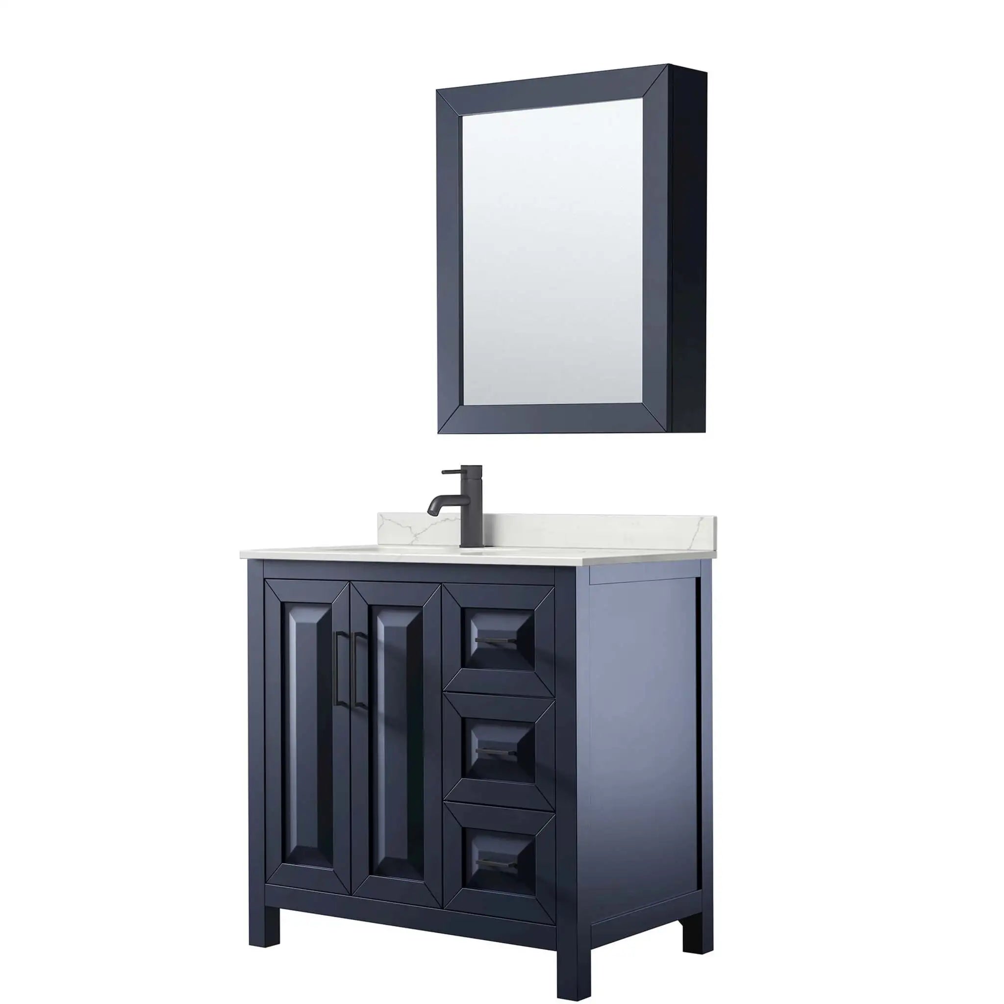 36" Daria Single Bathroom Vanity in Dark Blue with Matte Black Trim & Medicine Cabinet by Wyndham