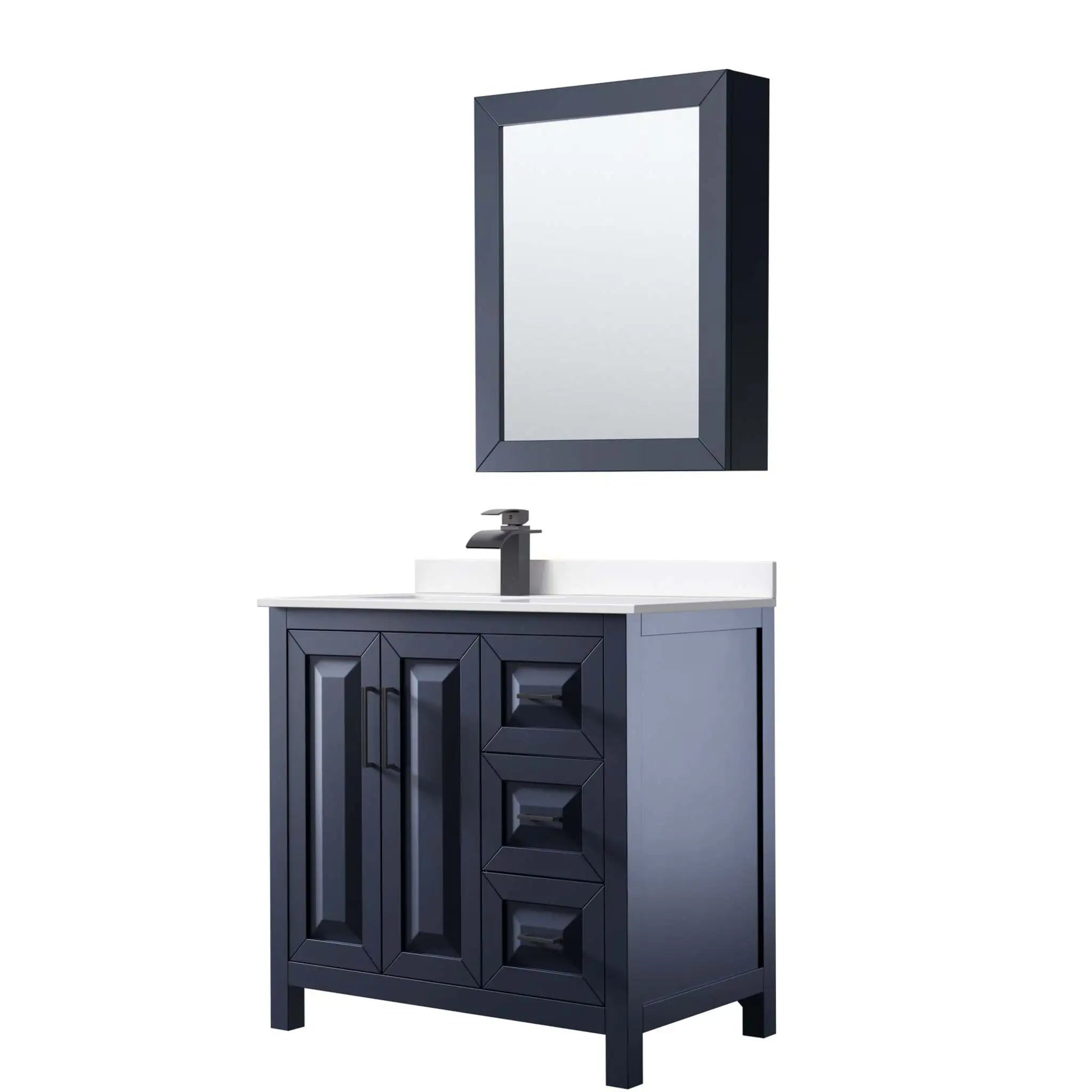 36" Daria Single Bathroom Vanity in Dark Blue with Matte Black Trim & Medicine Cabinet by Wyndham