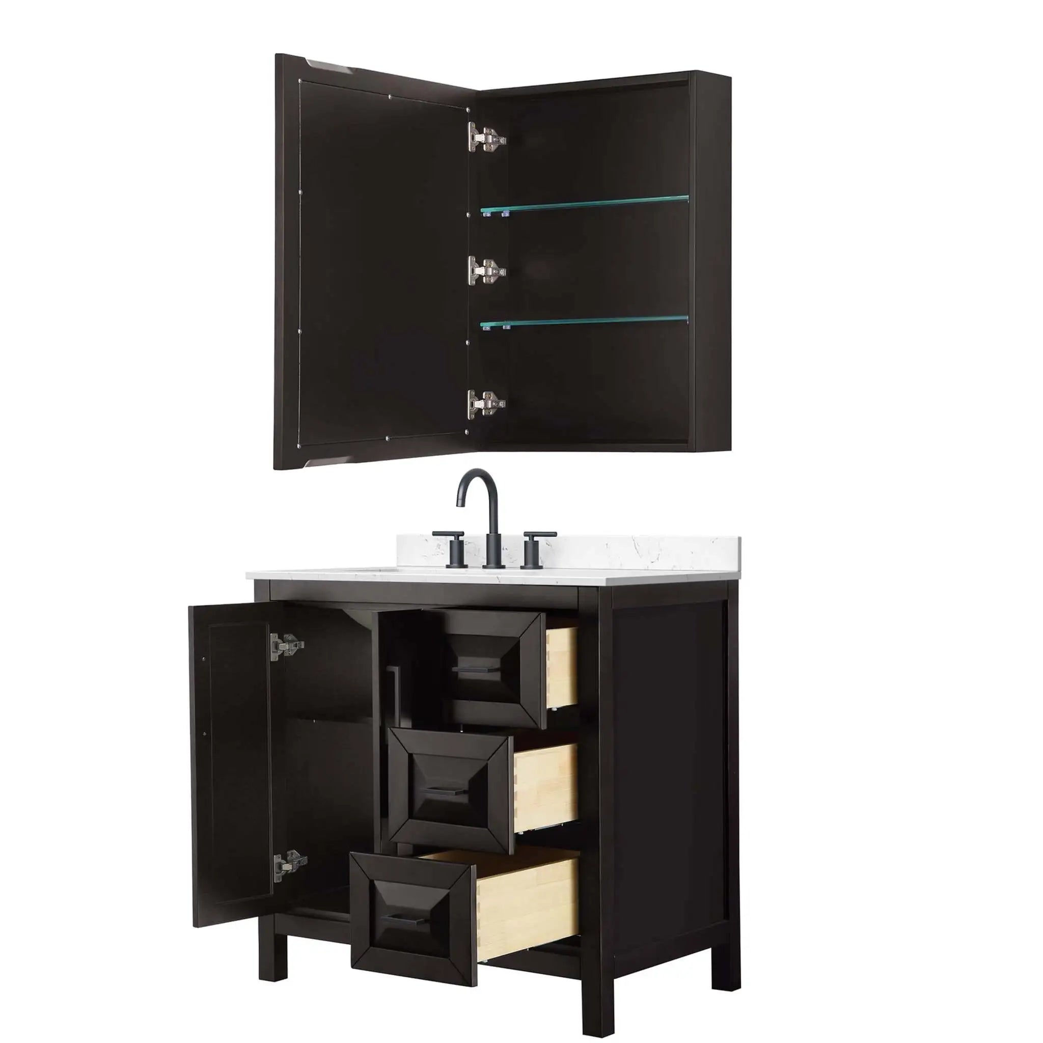 36" Daria Single Bathroom Vanity in Dark Espresso with Matte Black Trim & Medicine Cabinet by Wyndham
