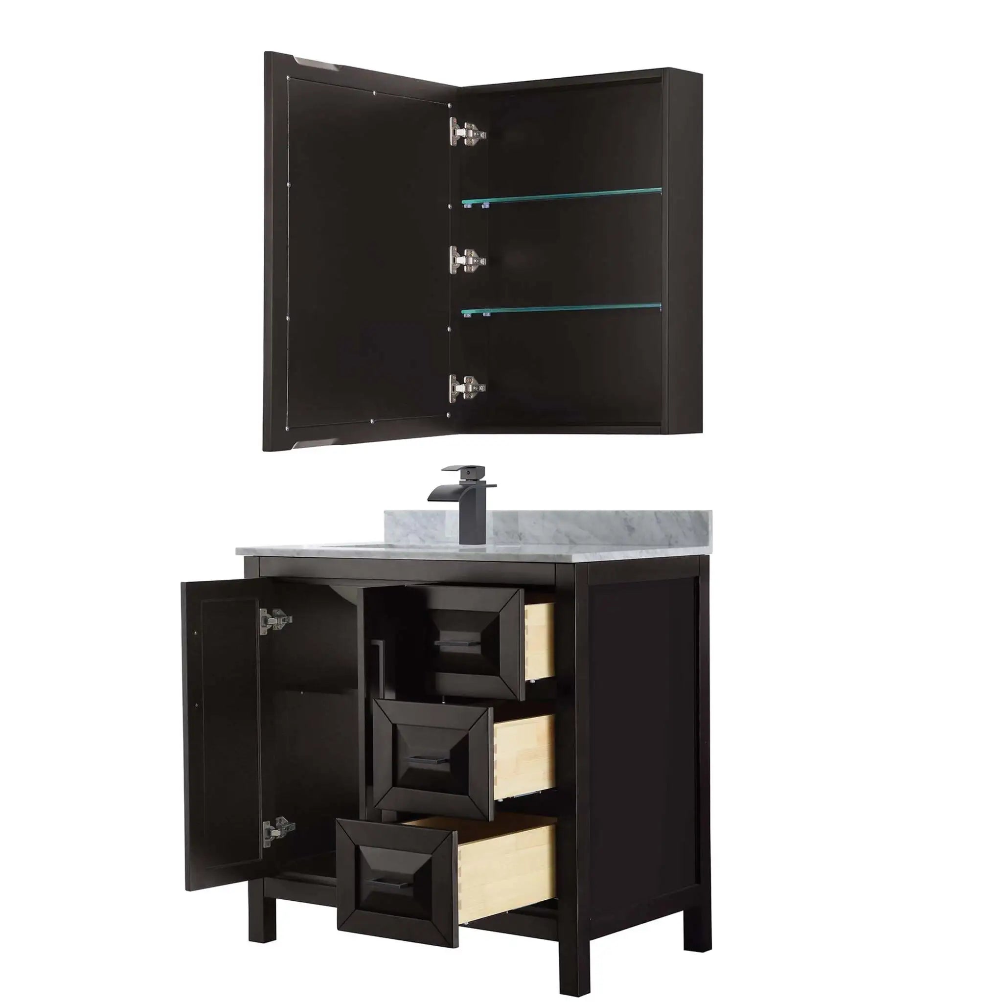 36" Daria Single Bathroom Vanity in Dark Espresso with Matte Black Trim & Medicine Cabinet by Wyndham