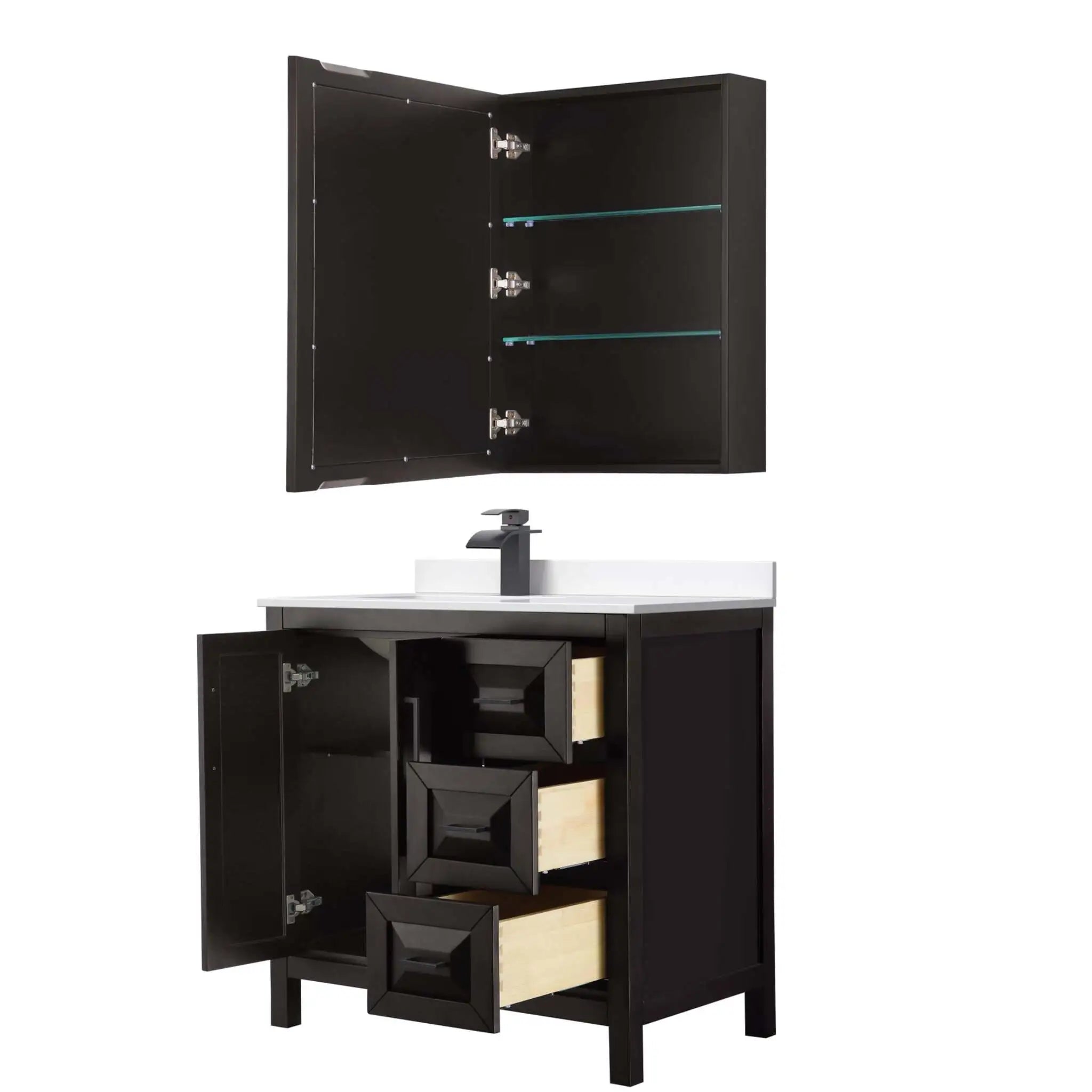 36" Daria Single Bathroom Vanity in Dark Espresso with Matte Black Trim & Medicine Cabinet by Wyndham