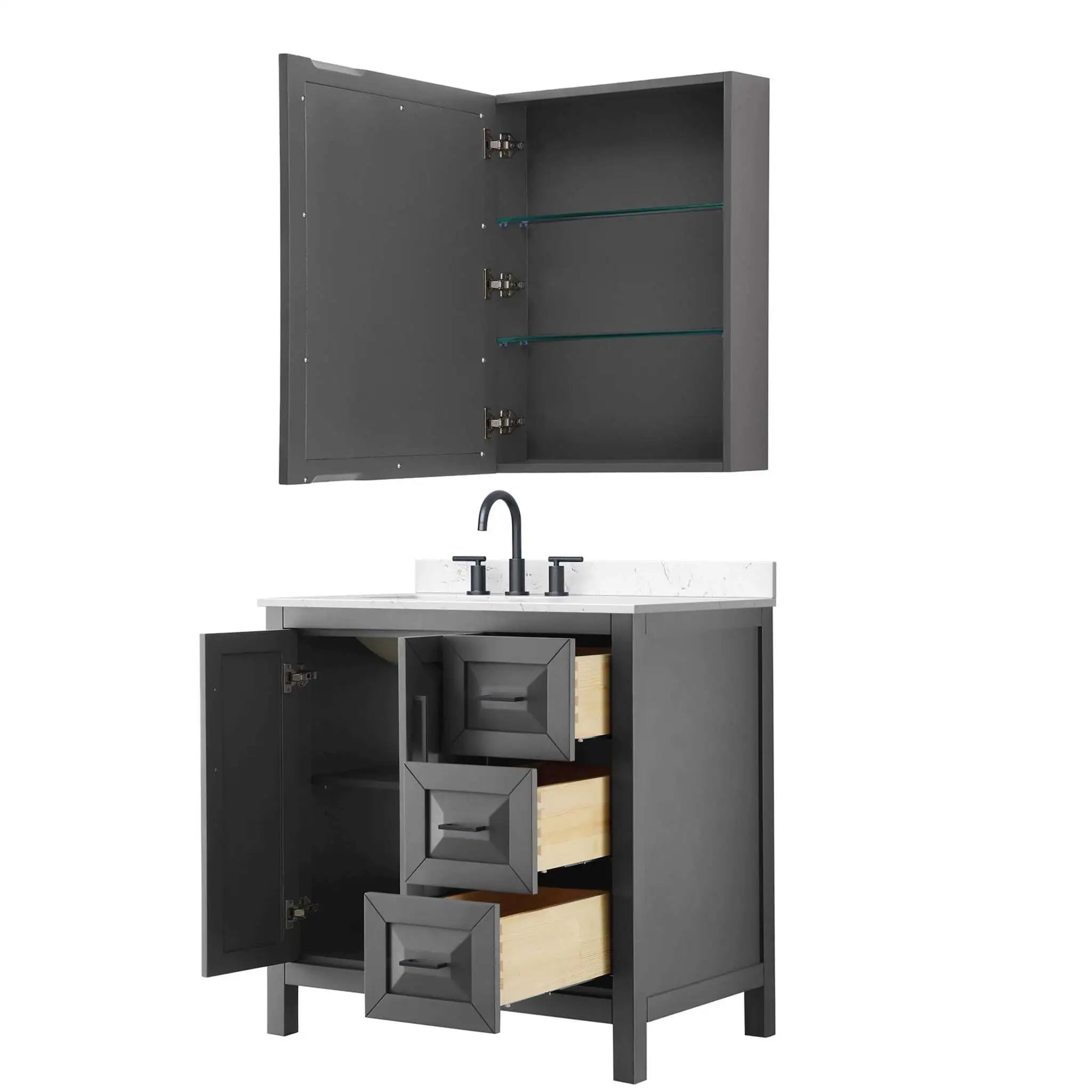 36" Daria Single Bathroom Vanity in Dark Gray with Matte Black Trim & Medicine Cabinet by Wyndham