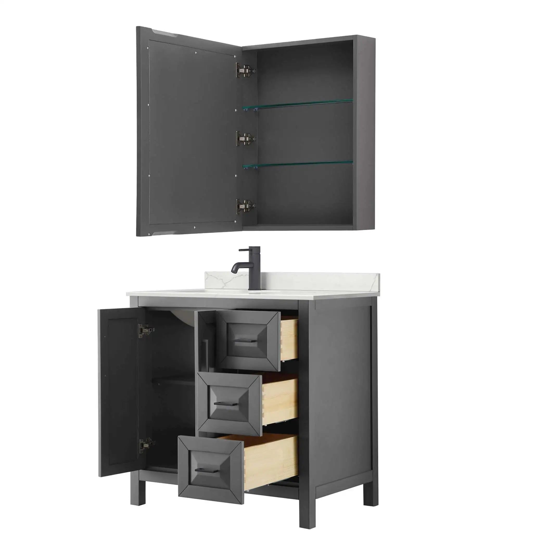 36" Daria Single Bathroom Vanity in Dark Gray with Matte Black Trim & Medicine Cabinet by Wyndham