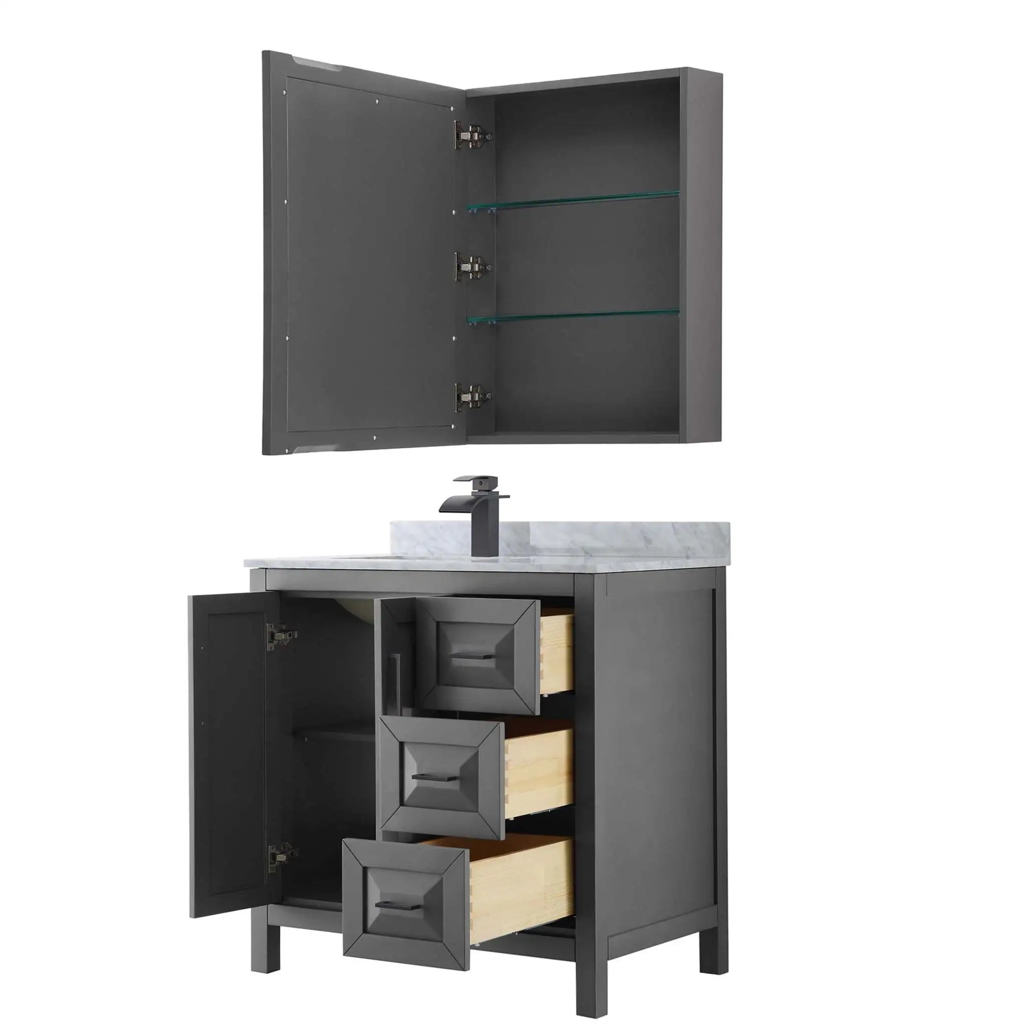36" Daria Single Bathroom Vanity in Dark Gray with Matte Black Trim & Medicine Cabinet by Wyndham