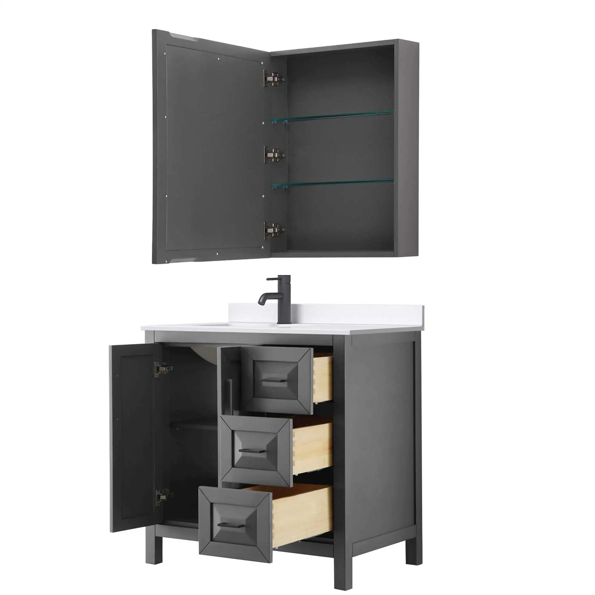 36" Daria Single Bathroom Vanity in Dark Gray with Matte Black Trim & Medicine Cabinet by Wyndham