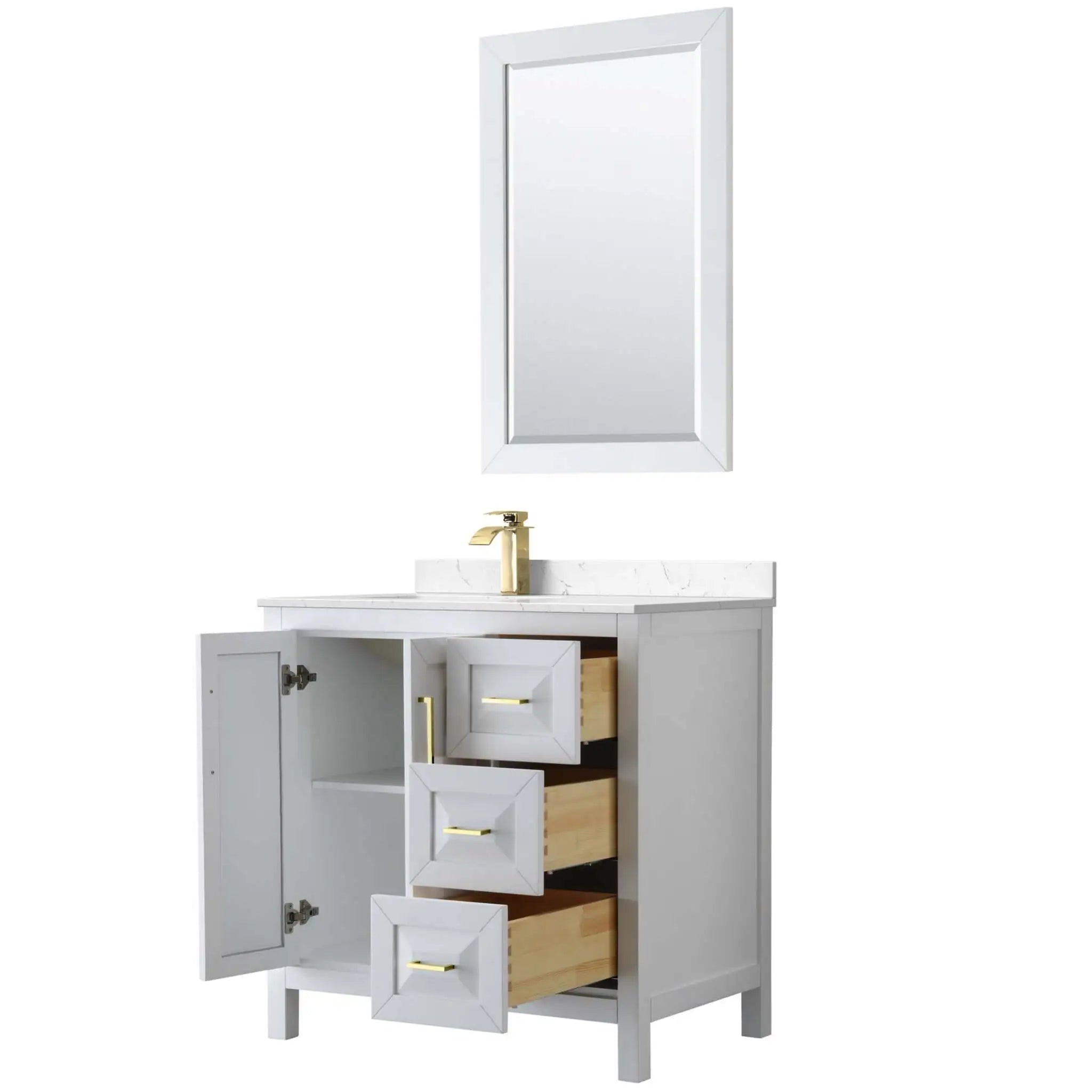 36" Daria Single Bathroom Vanity in White with Brushed Gold Trim & 24" Mirror by Wyndham