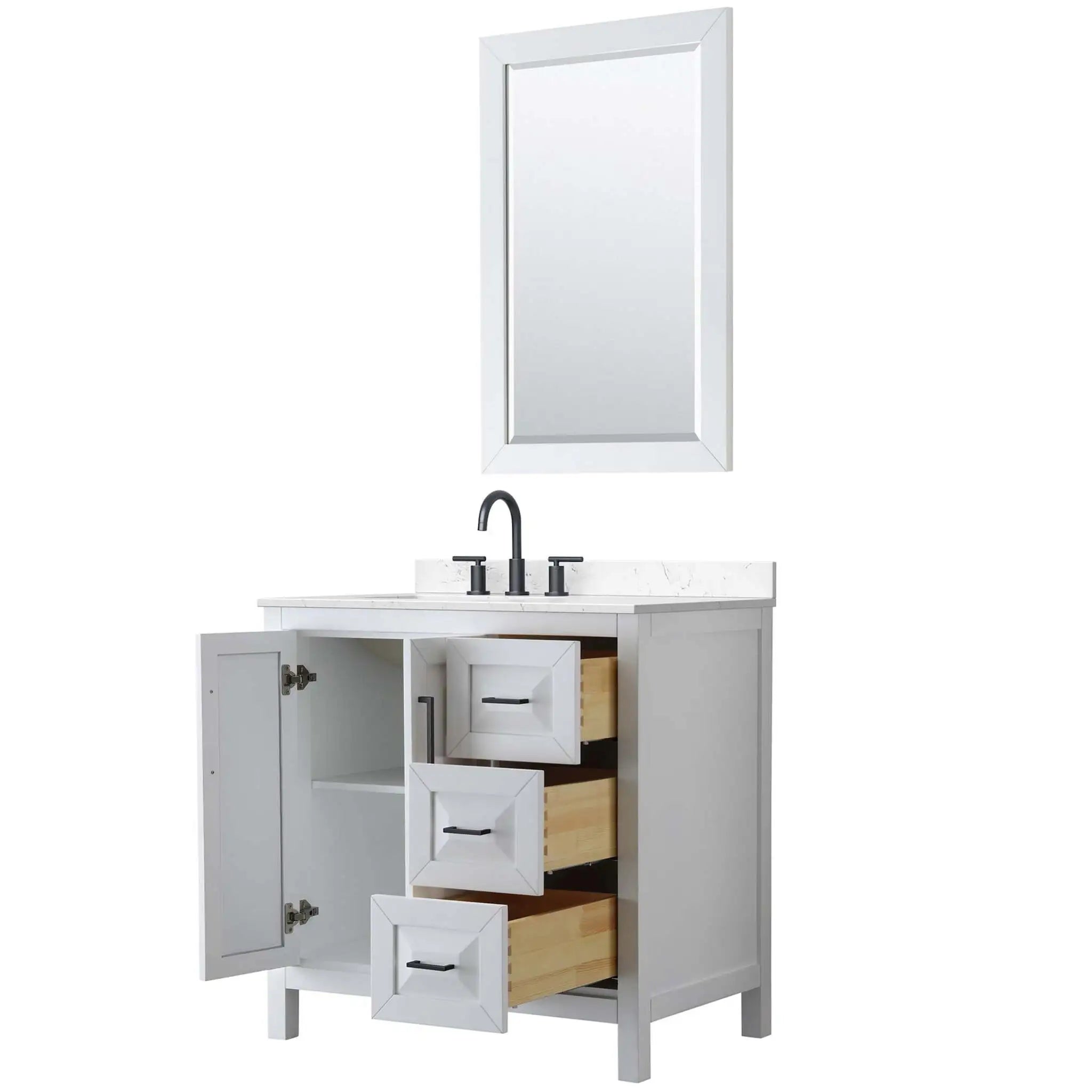 36" Daria Single Bathroom Vanity in White with Matte Black Trim & 24" Mirror by Wyndham