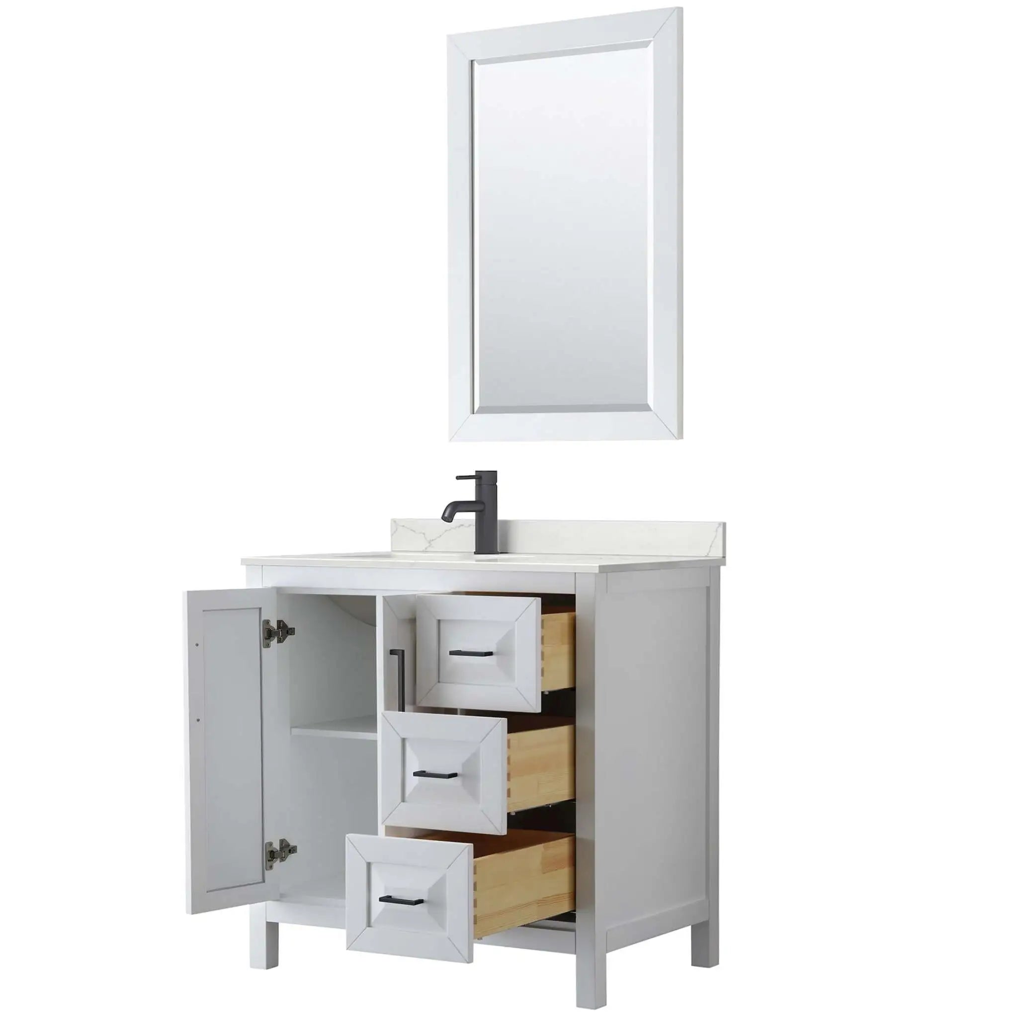 36" Daria Single Bathroom Vanity in White with Matte Black Trim & 24" Mirror by Wyndham