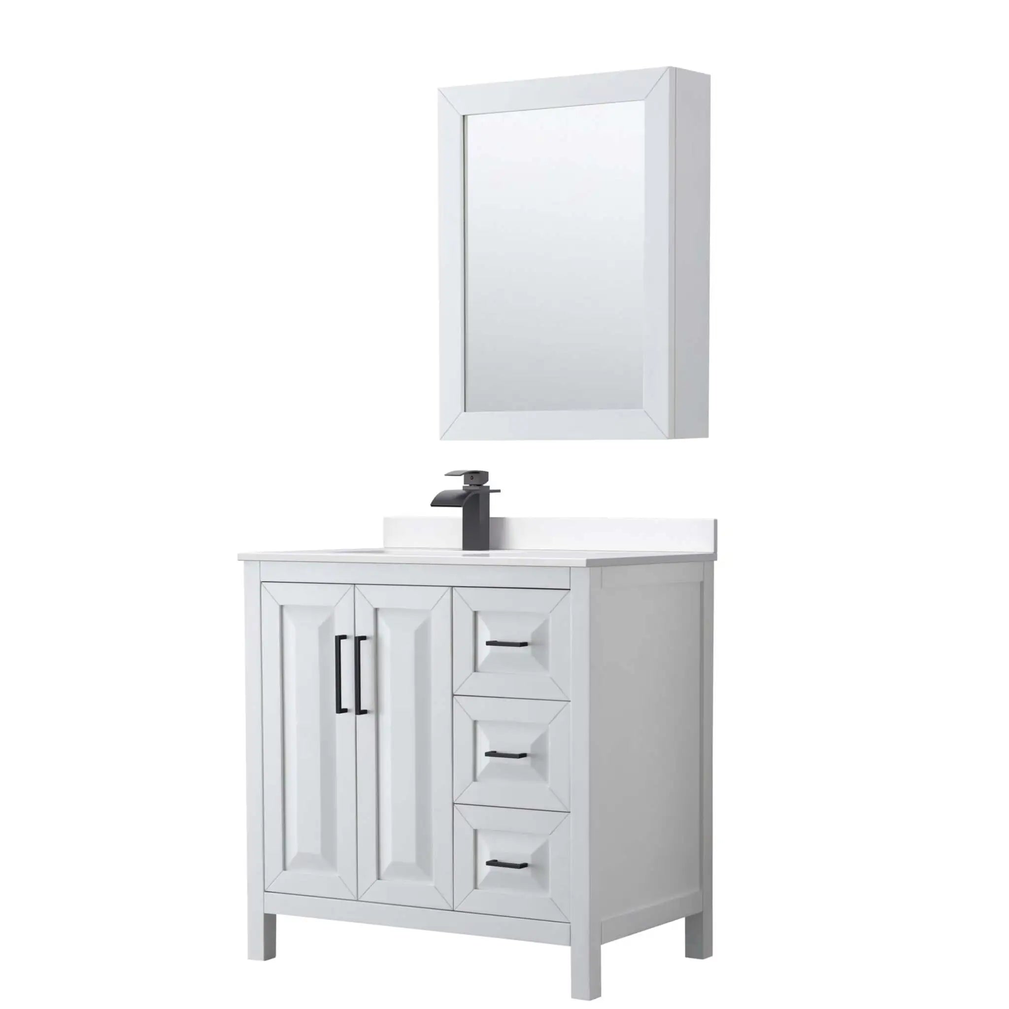 36" Daria Single Bathroom Vanity in White with Matte Black Trim & Medicine Cabinet by Wyndham