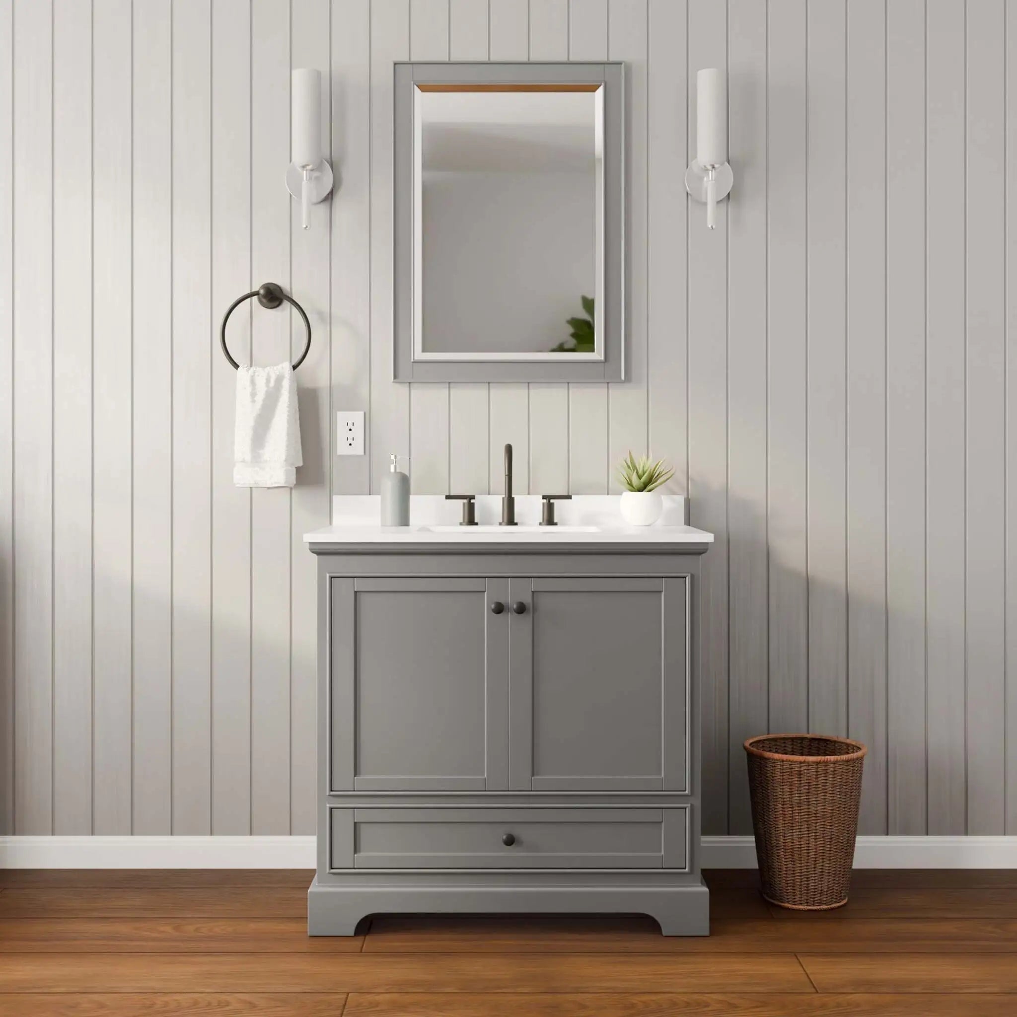 36" Deborah Single Bathroom Vanity in Dark Gray with Matte Black Trim & 24" Mirror by Wyndham