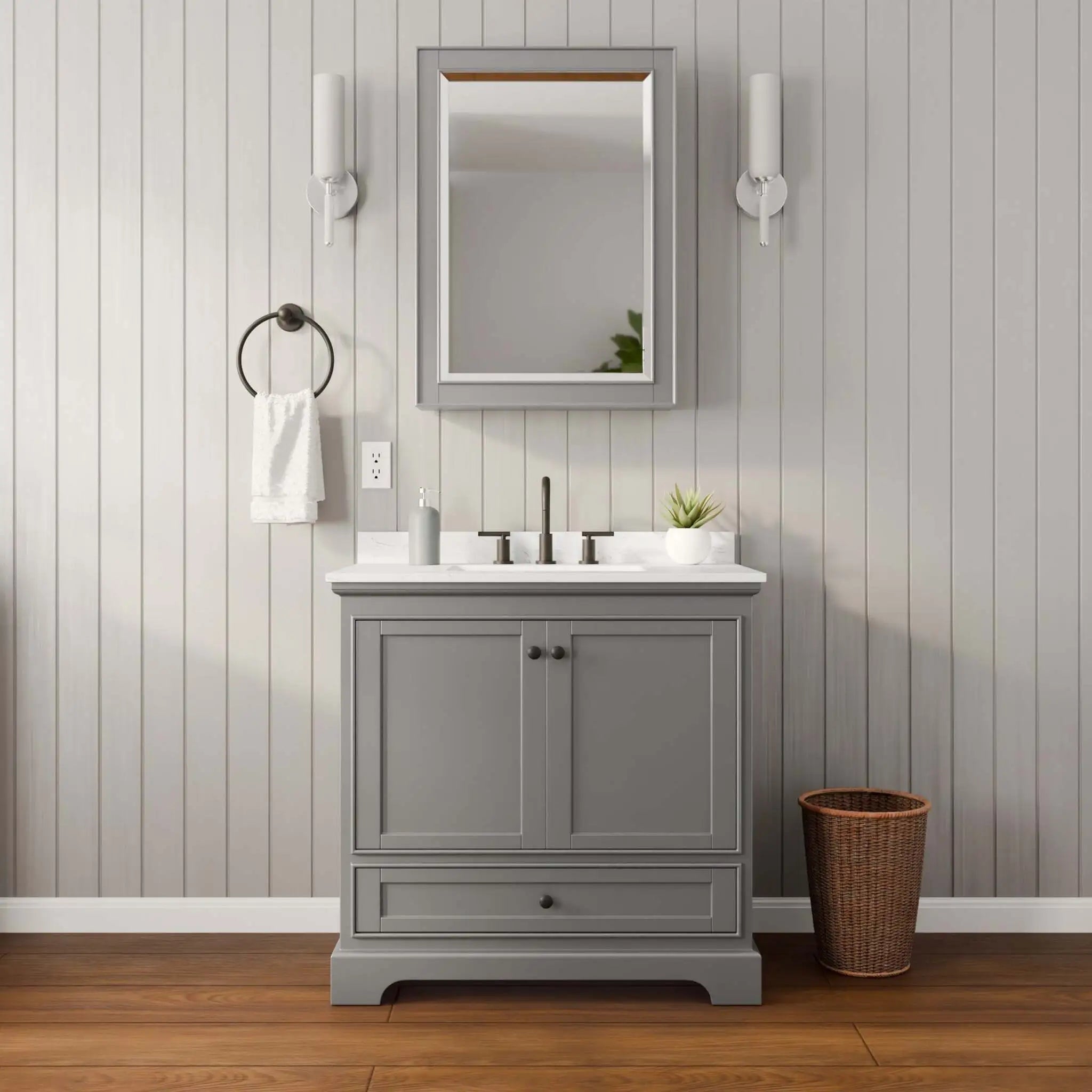 36" Deborah Single Bathroom Vanity in Dark Gray with Matte Black Trim & Medicine Cabinet by Wyndham