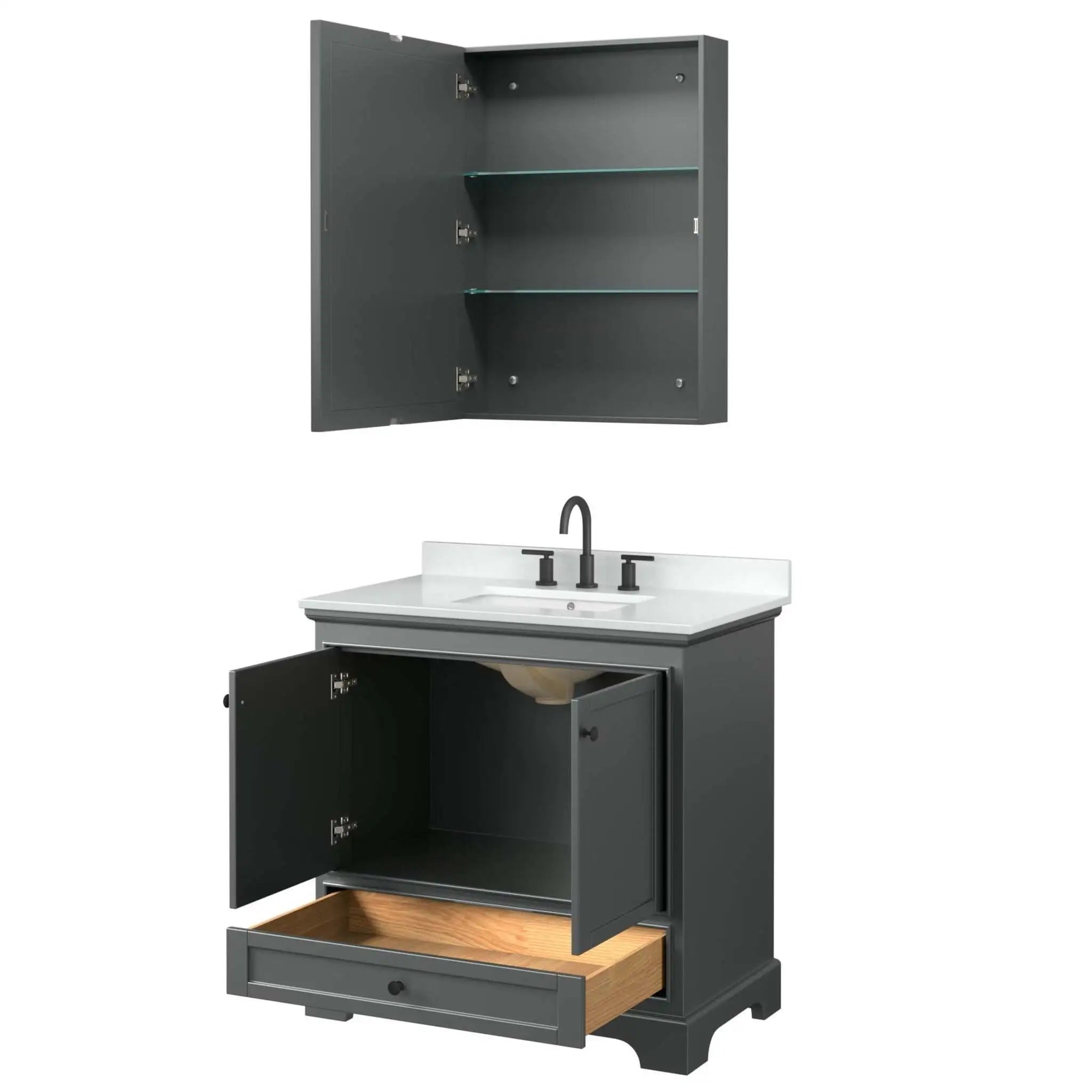 36" Deborah Single Bathroom Vanity in Dark Gray with Matte Black Trim & Medicine Cabinet by Wyndham
