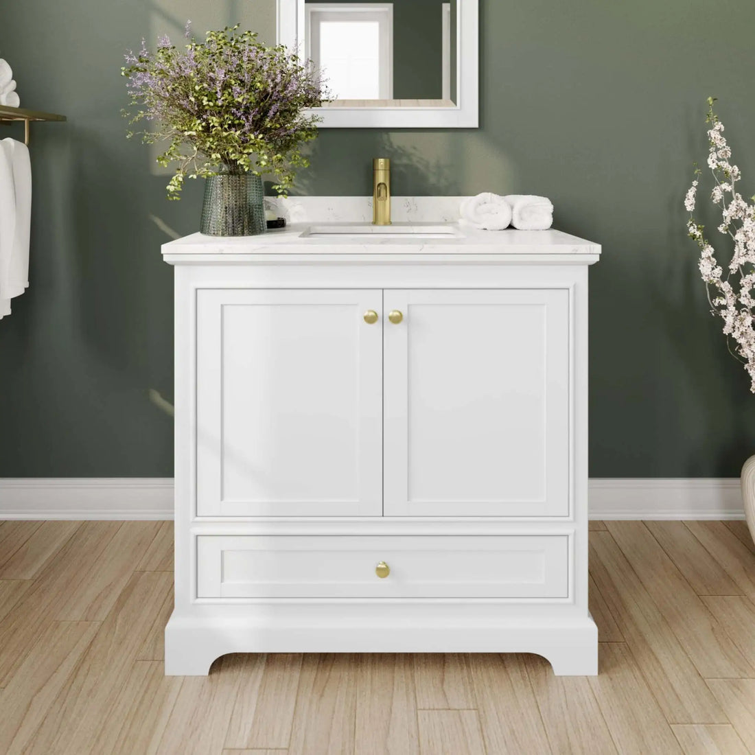36" Deborah Single Bathroom Vanity in White with Brushed Gold Trim & 24" Mirror by Wyndham