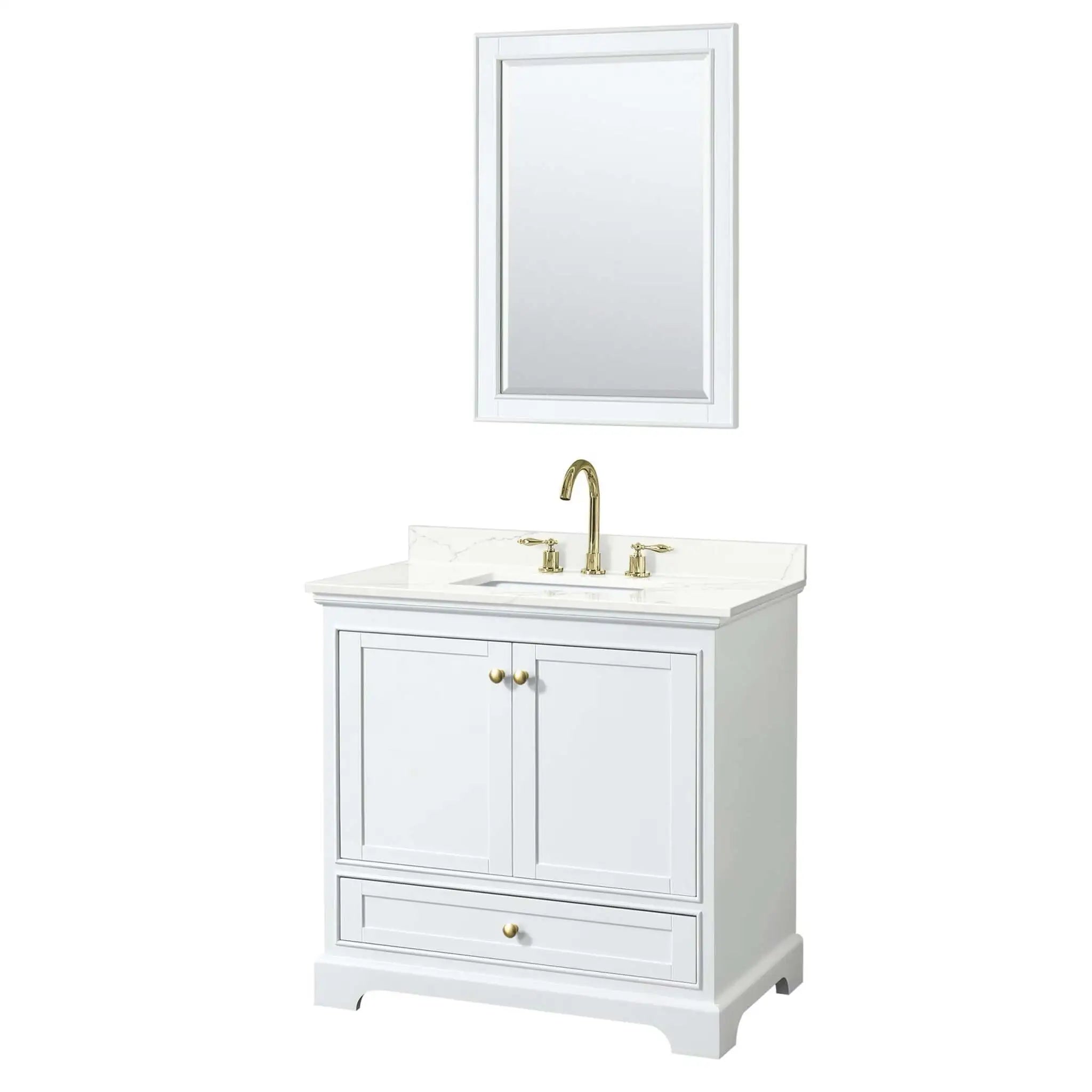 36" Deborah Single Bathroom Vanity in White with Brushed Gold Trim & 24" Mirror by Wyndham