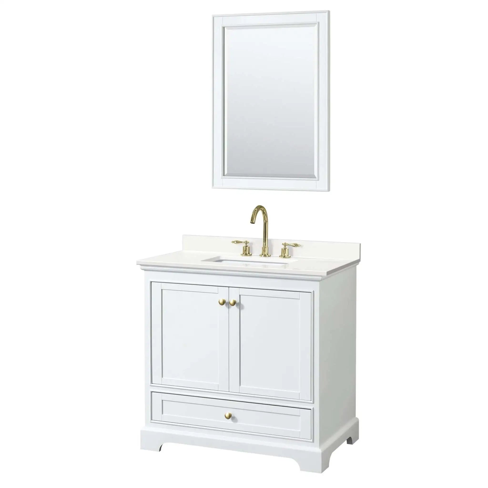 36" Deborah Single Bathroom Vanity in White with Brushed Gold Trim & 24" Mirror by Wyndham