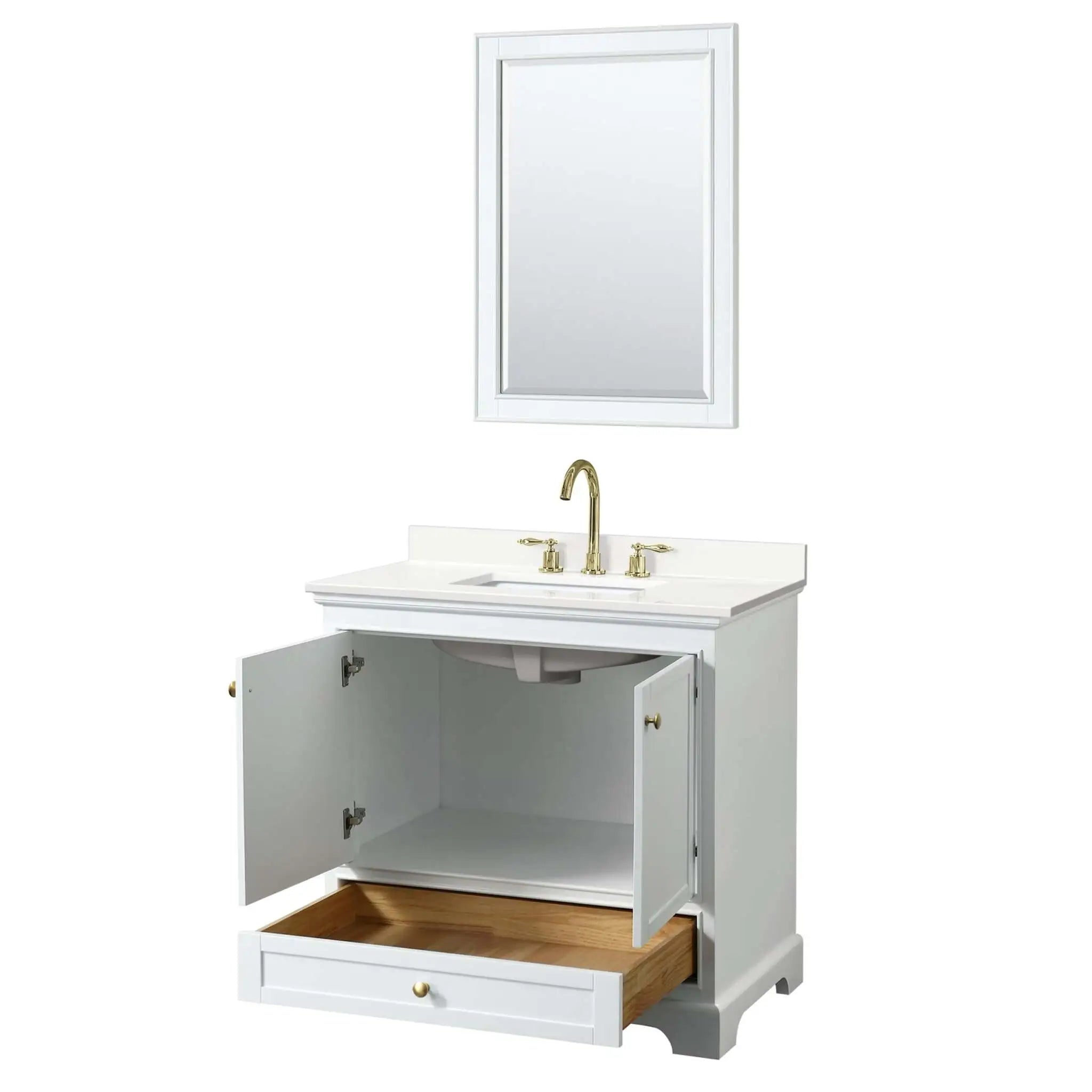 36" Deborah Single Bathroom Vanity in White with Brushed Gold Trim & 24" Mirror by Wyndham