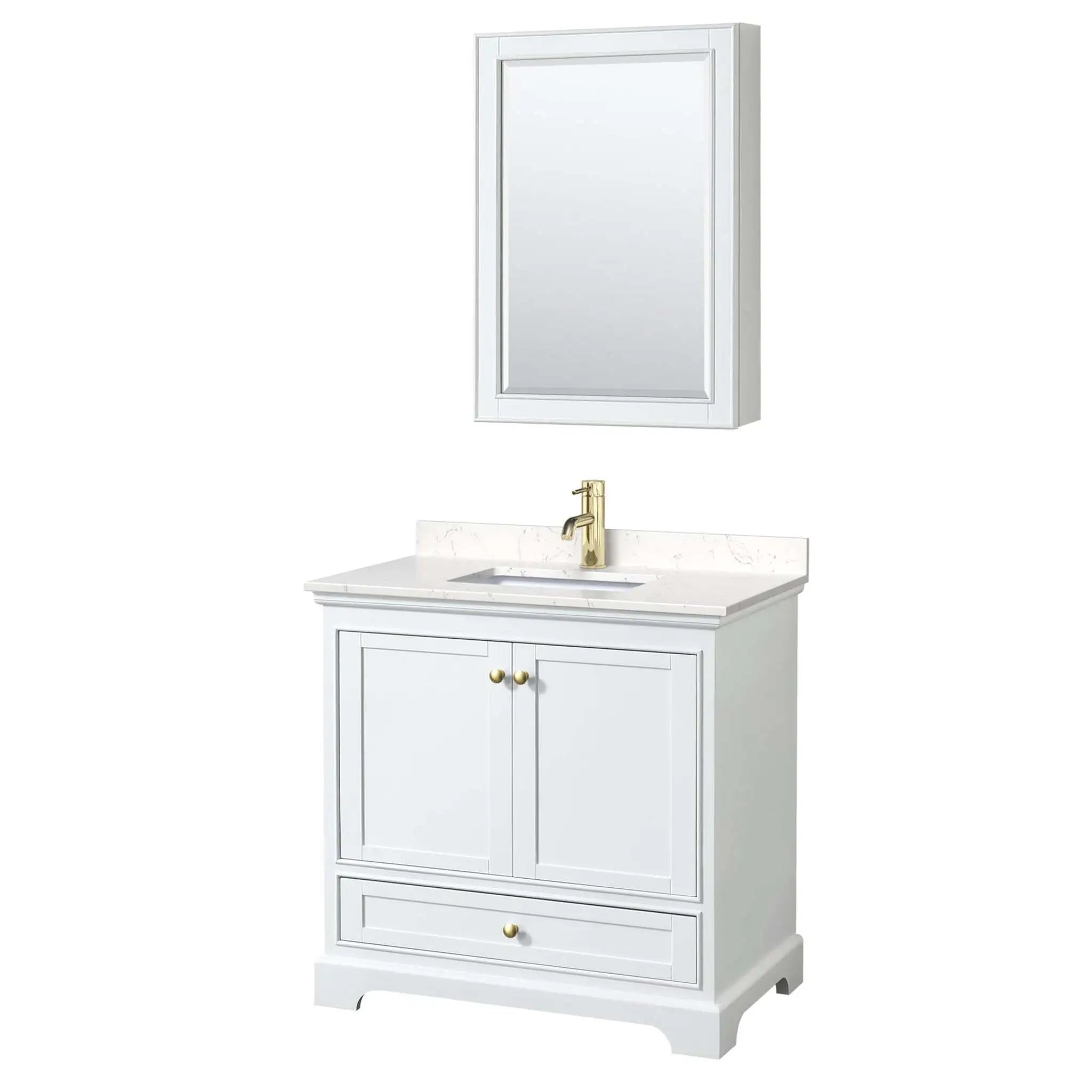 36" Deborah Single Bathroom Vanity in White with Brushed Gold Trim & Medicine Cabinet by Wyndham