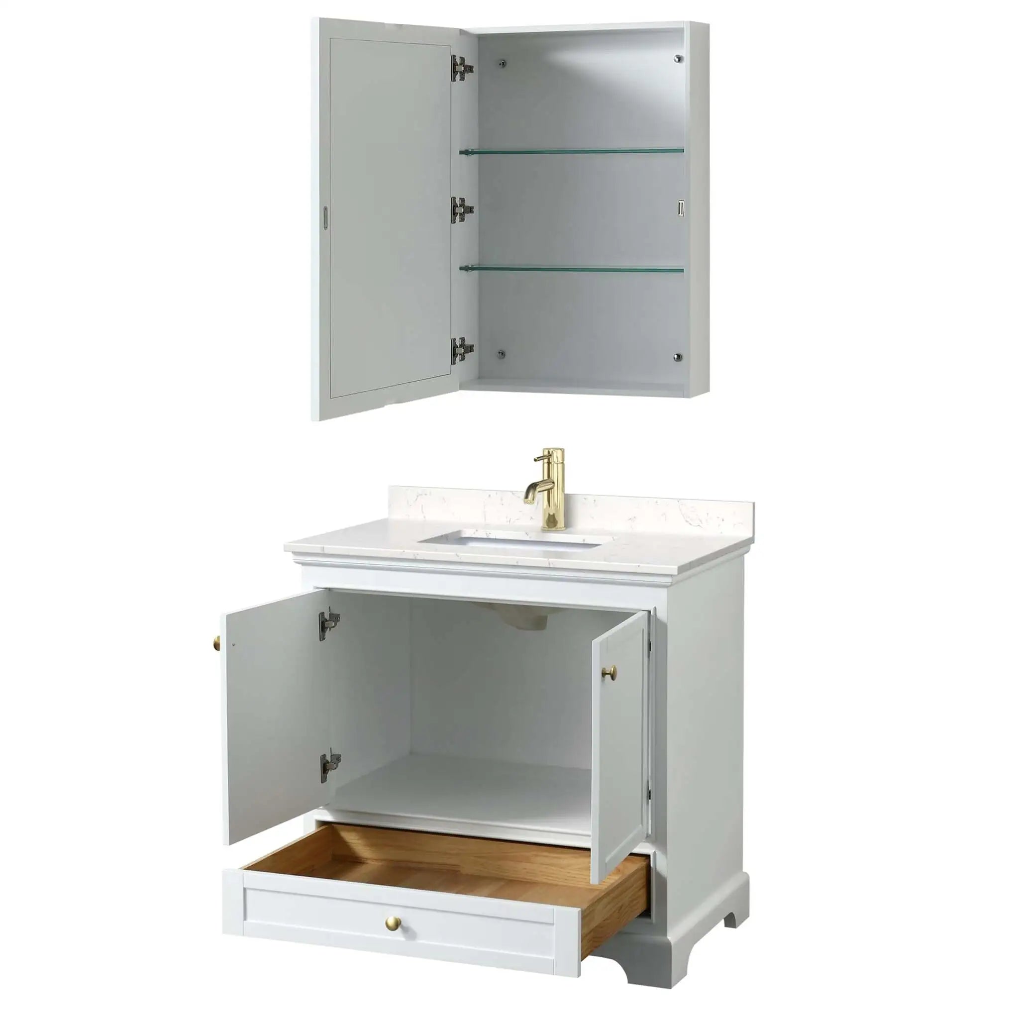 36" Deborah Single Bathroom Vanity in White with Brushed Gold Trim & Medicine Cabinet by Wyndham