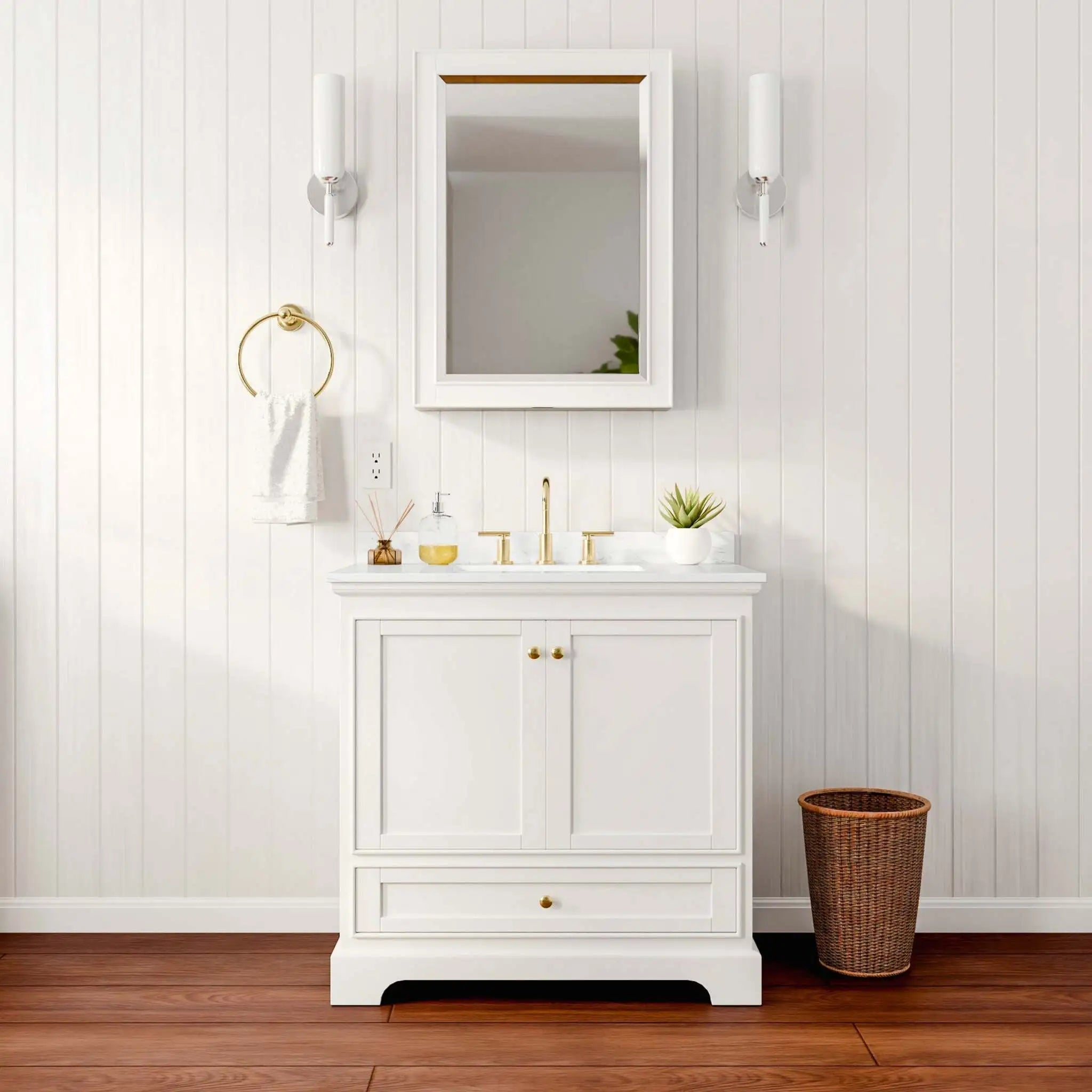 36" Deborah Single Bathroom Vanity in White with Brushed Gold Trim & Medicine Cabinet by Wyndham