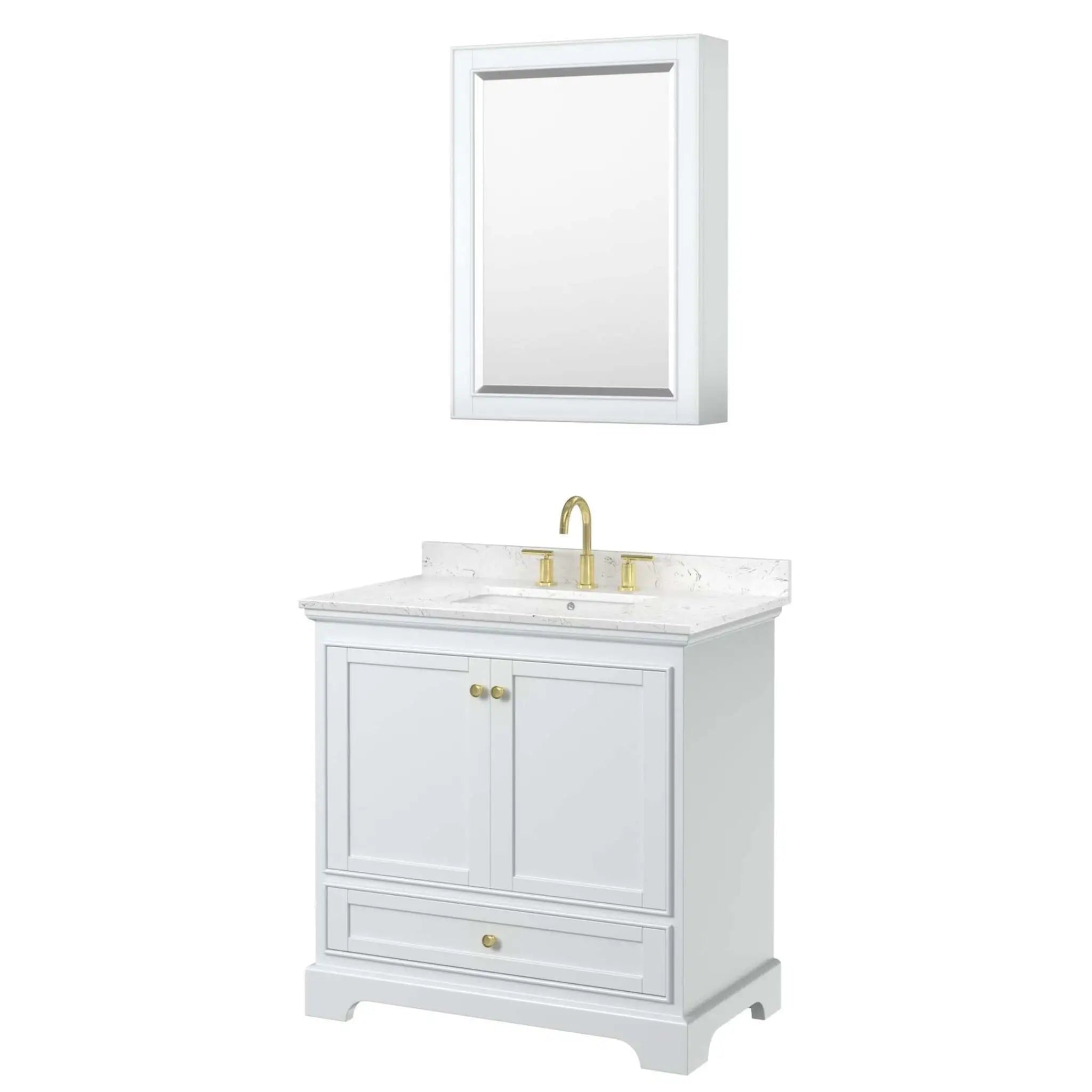36" Deborah Single Bathroom Vanity in White with Brushed Gold Trim & Medicine Cabinet by Wyndham