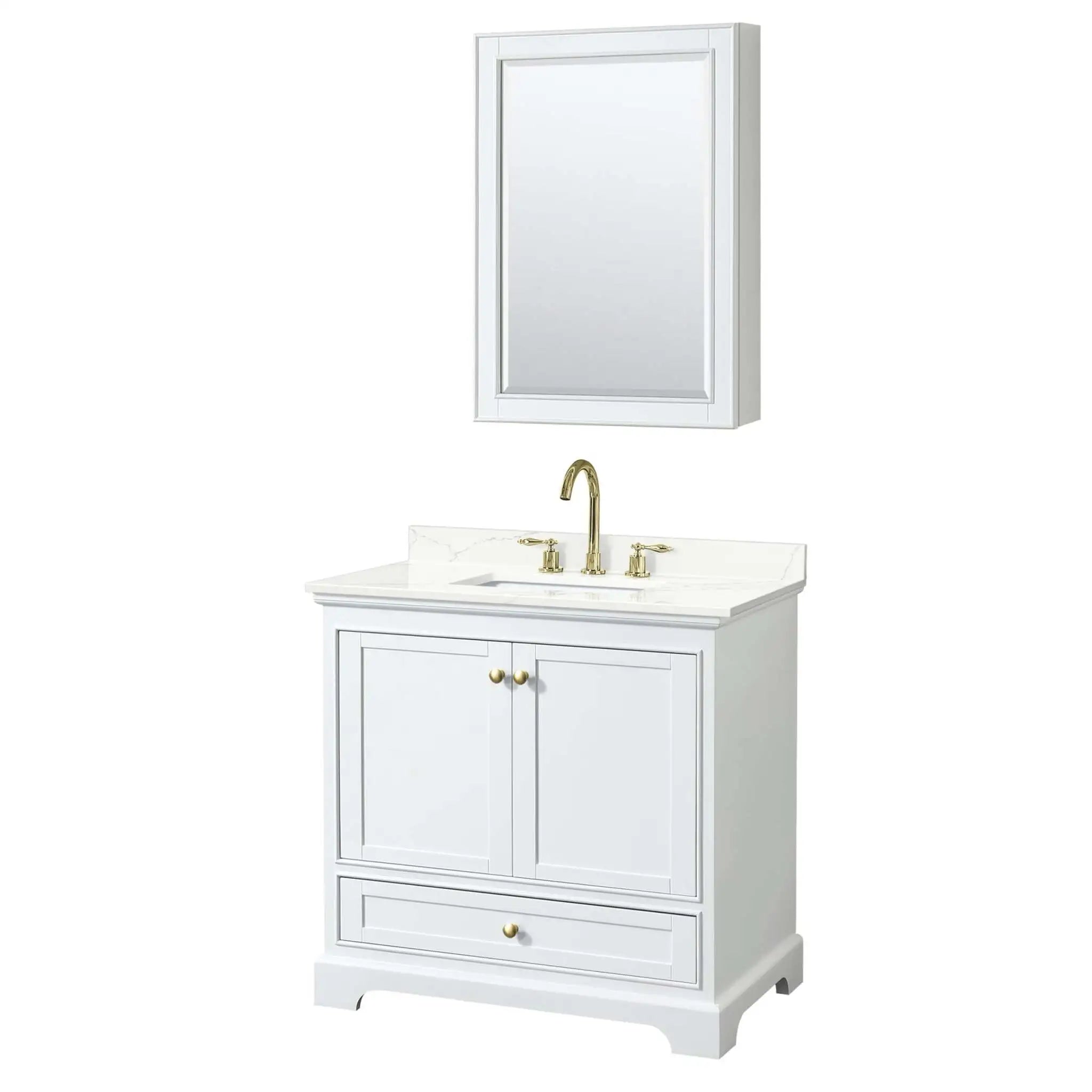 36" Deborah Single Bathroom Vanity in White with Brushed Gold Trim & Medicine Cabinet by Wyndham