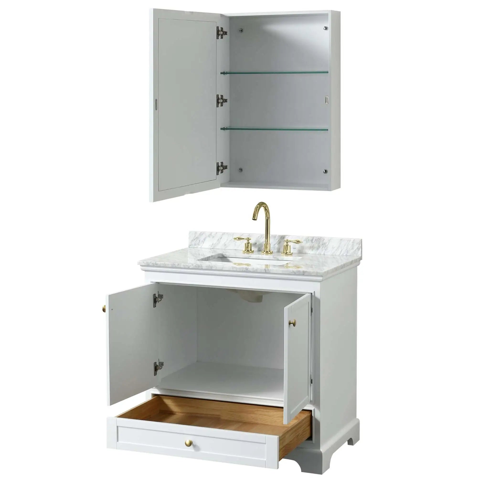 36" Deborah Single Bathroom Vanity in White with Brushed Gold Trim & Medicine Cabinet by Wyndham