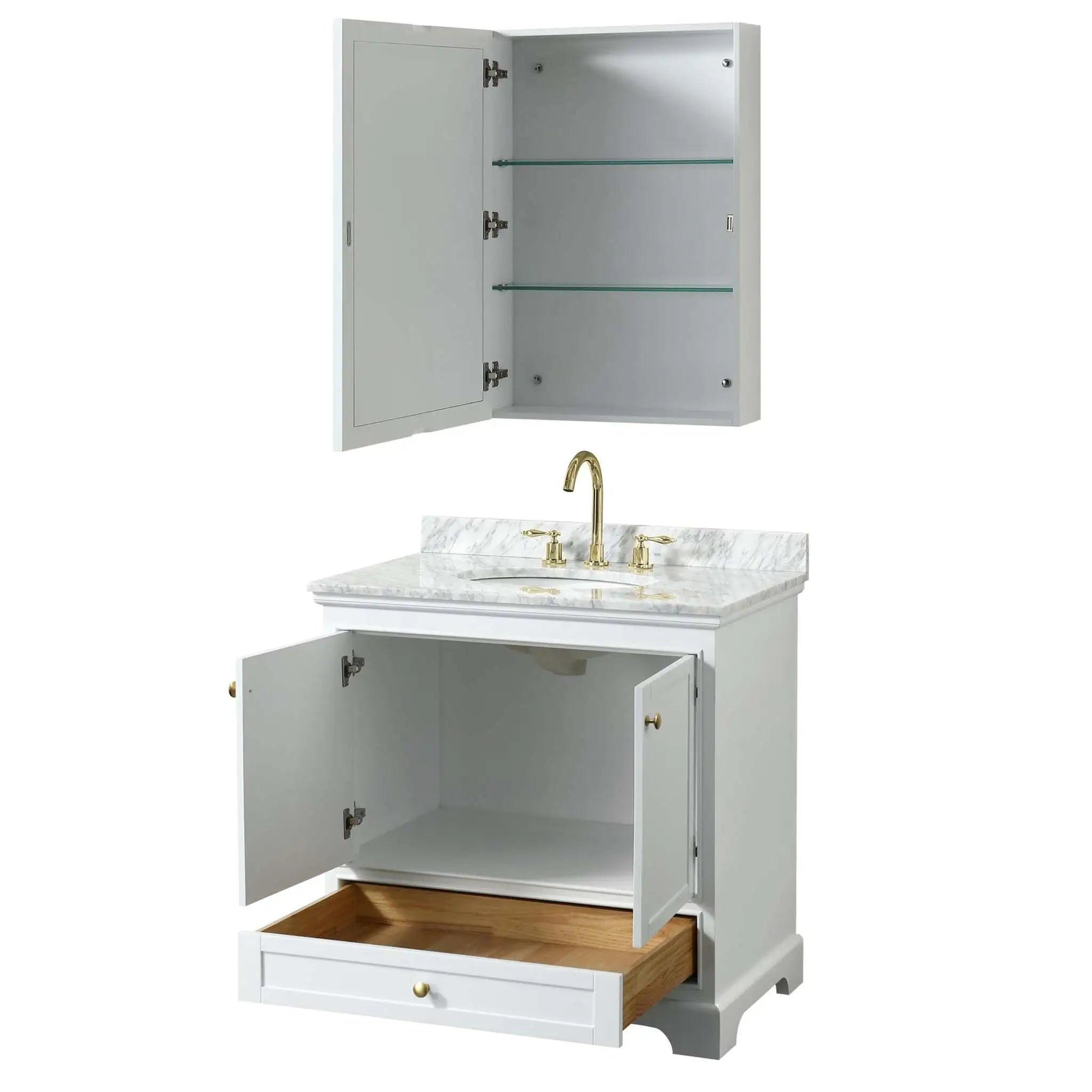 36" Deborah Single Bathroom Vanity in White with Brushed Gold Trim & Medicine Cabinet by Wyndham
