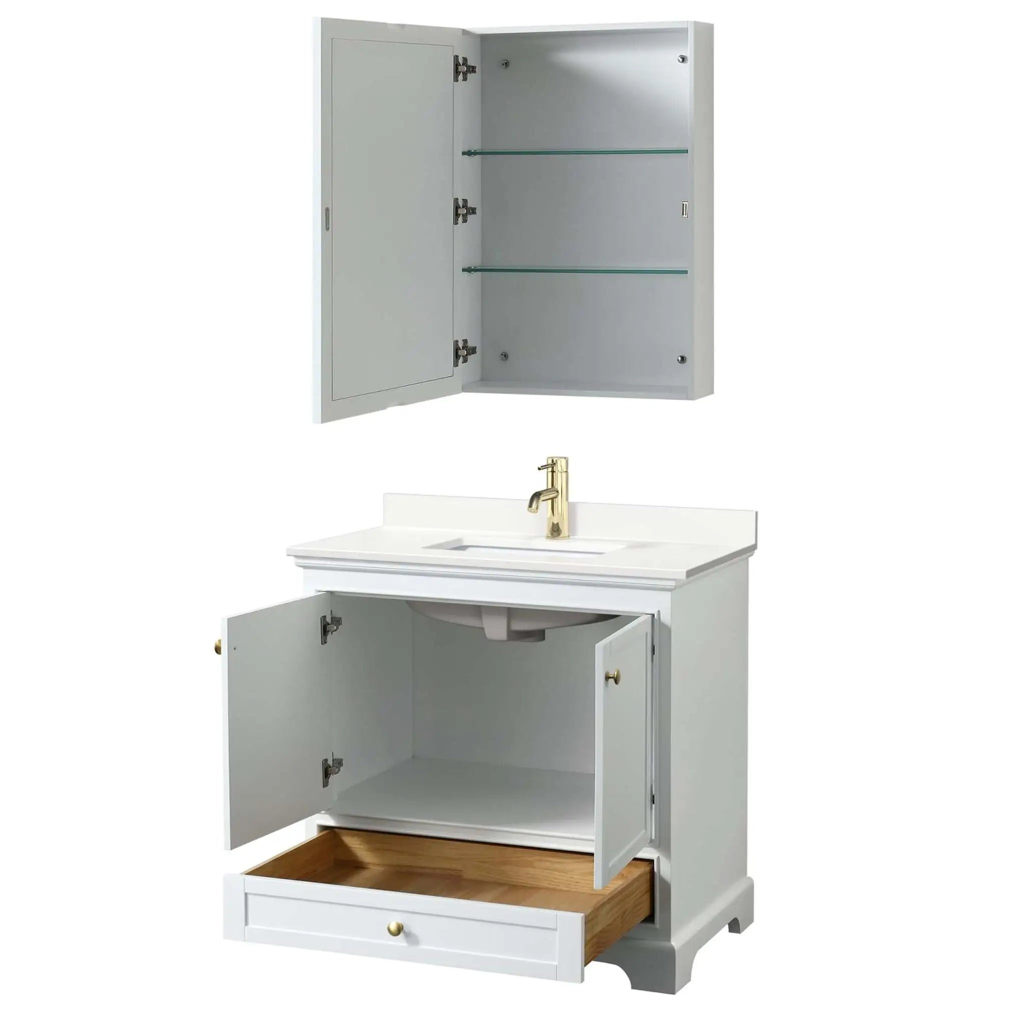 36" Deborah Single Bathroom Vanity in White with Brushed Gold Trim & Medicine Cabinet by Wyndham