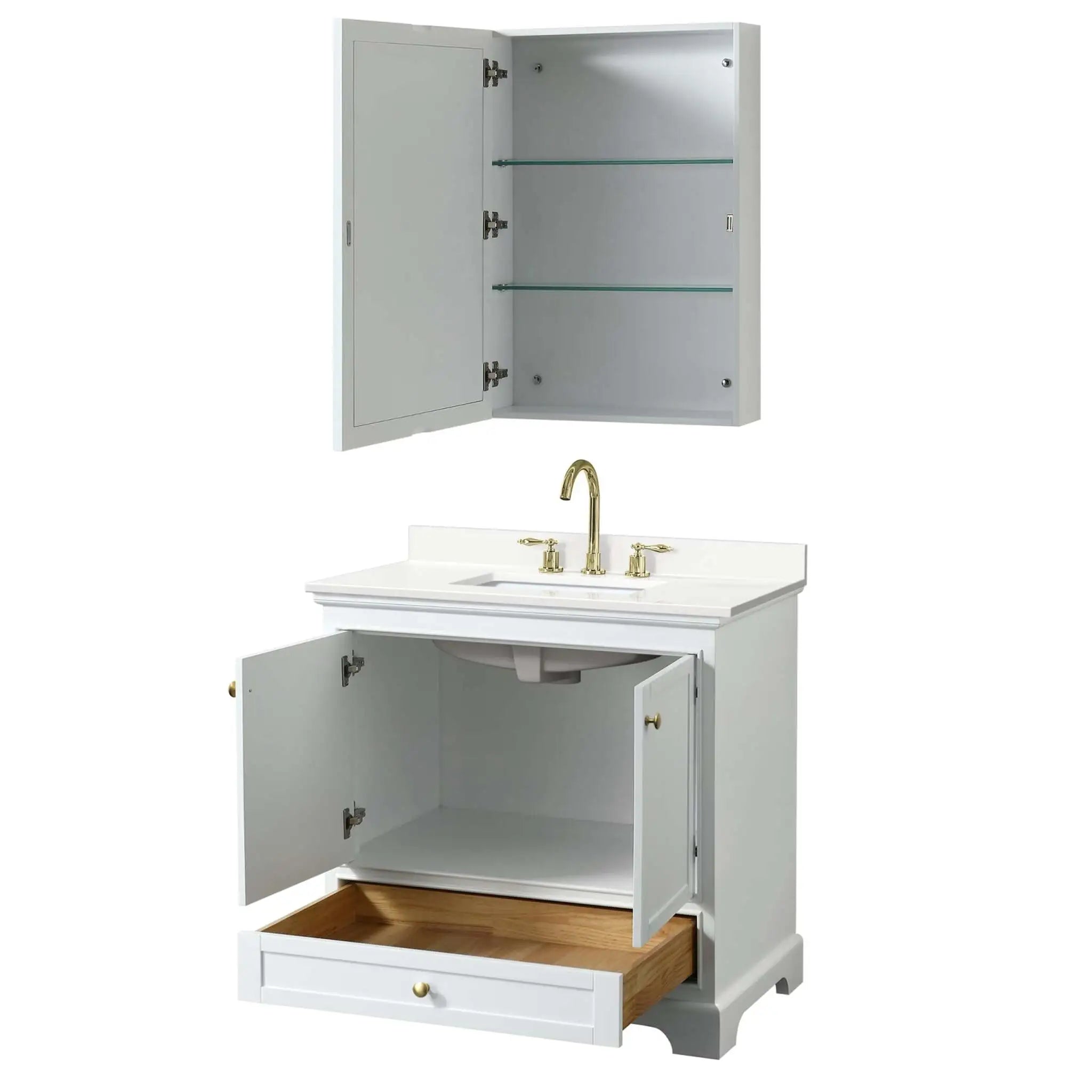 36" Deborah Single Bathroom Vanity in White with Brushed Gold Trim & Medicine Cabinet by Wyndham